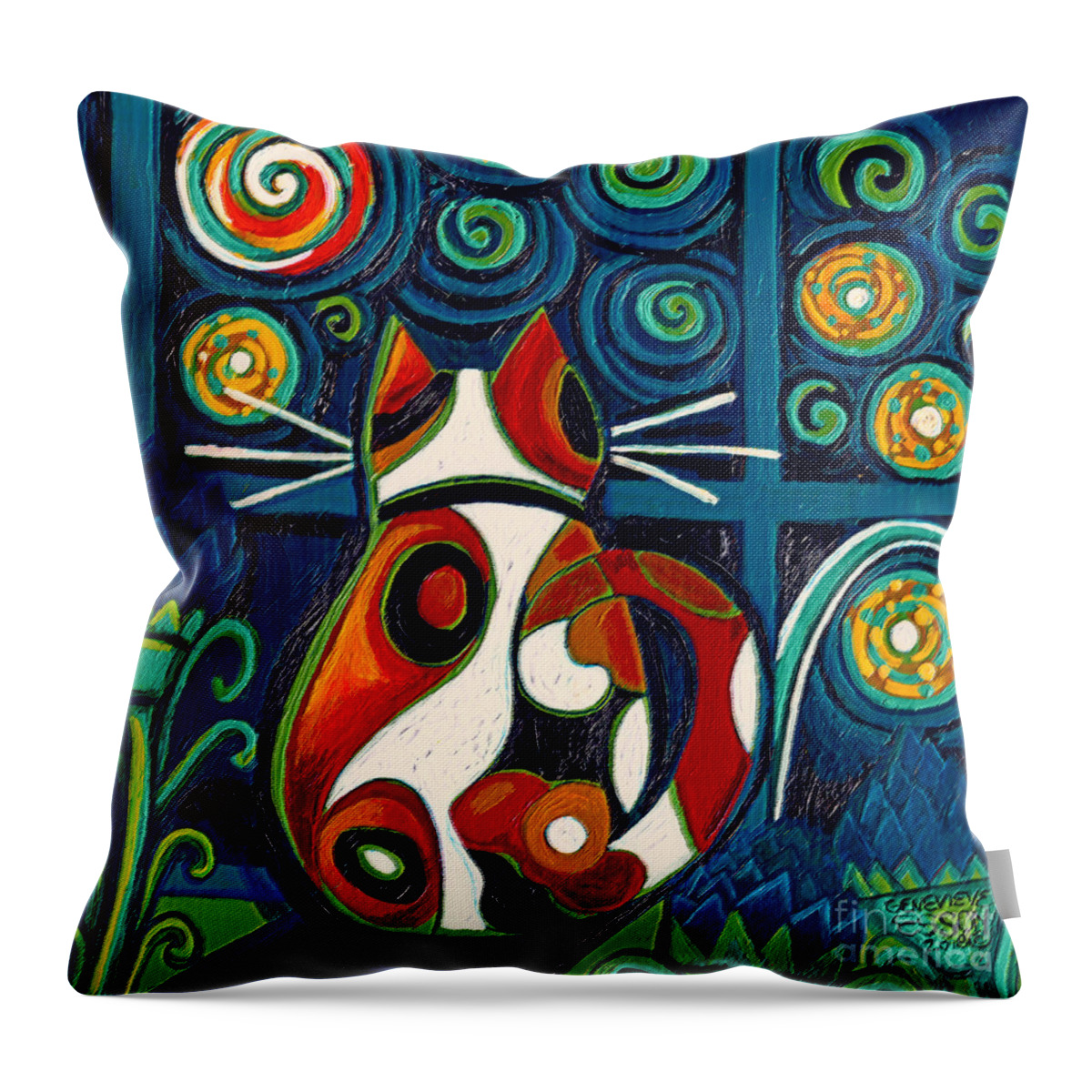 Cat Throw Pillow featuring the painting Calico Cat At Window On A Starry Night by Genevieve Esson