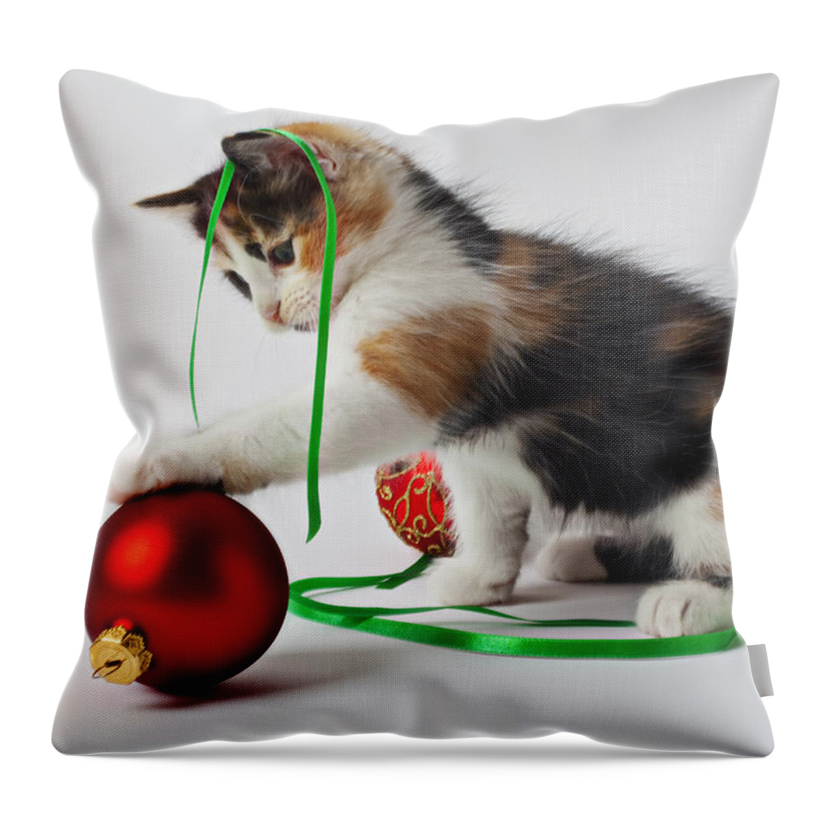 Calico Kitten Christmas Ornaments Throw Pillow featuring the photograph Calico kitten and Christmas ornaments by Garry Gay