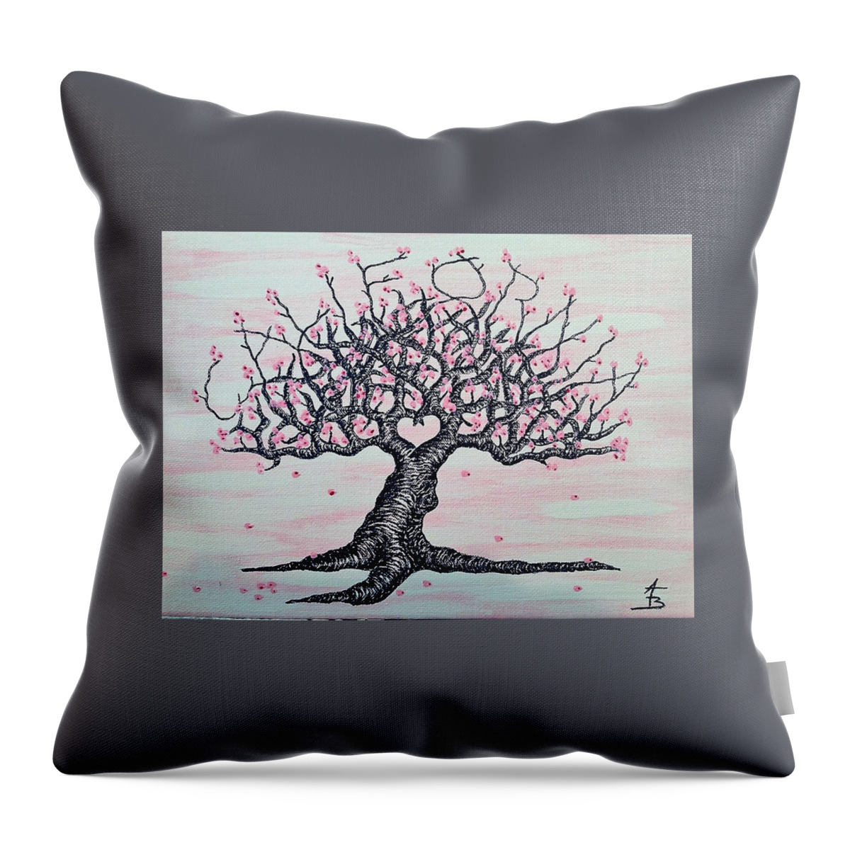 California Throw Pillow featuring the drawing California Cherry Blossom Love Tree by Aaron Bombalicki