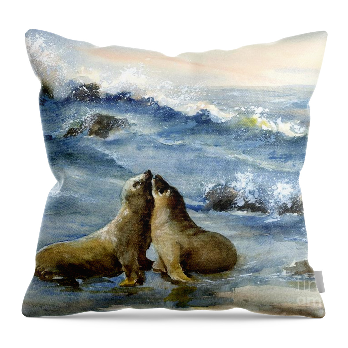 A Lovely Sea Lion Couple Stealing Kisses As Waves Crash On The Rocks Behind Them. Throw Pillow featuring the painting California Sea Lions by Virginia Potter