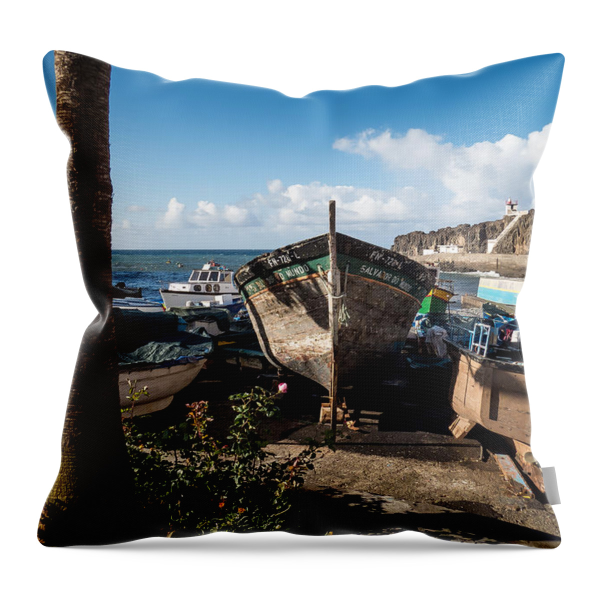 Madeira Throw Pillow featuring the photograph Camara de Lobos harbor by Claudio Maioli