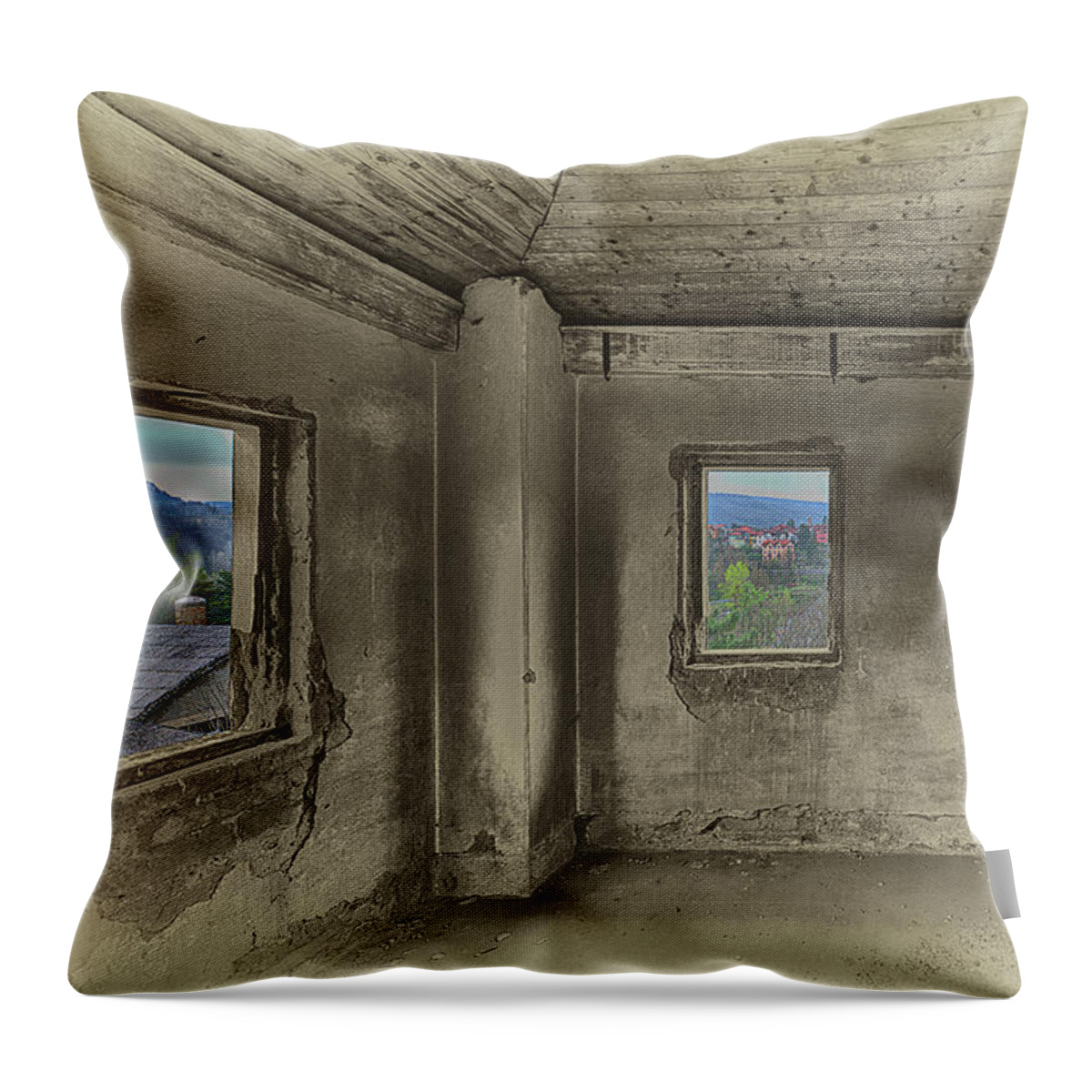 Luoghi Abbandonati Throw Pillow featuring the photograph Camera Con Vista - A Room With A View by Enrico Pelos