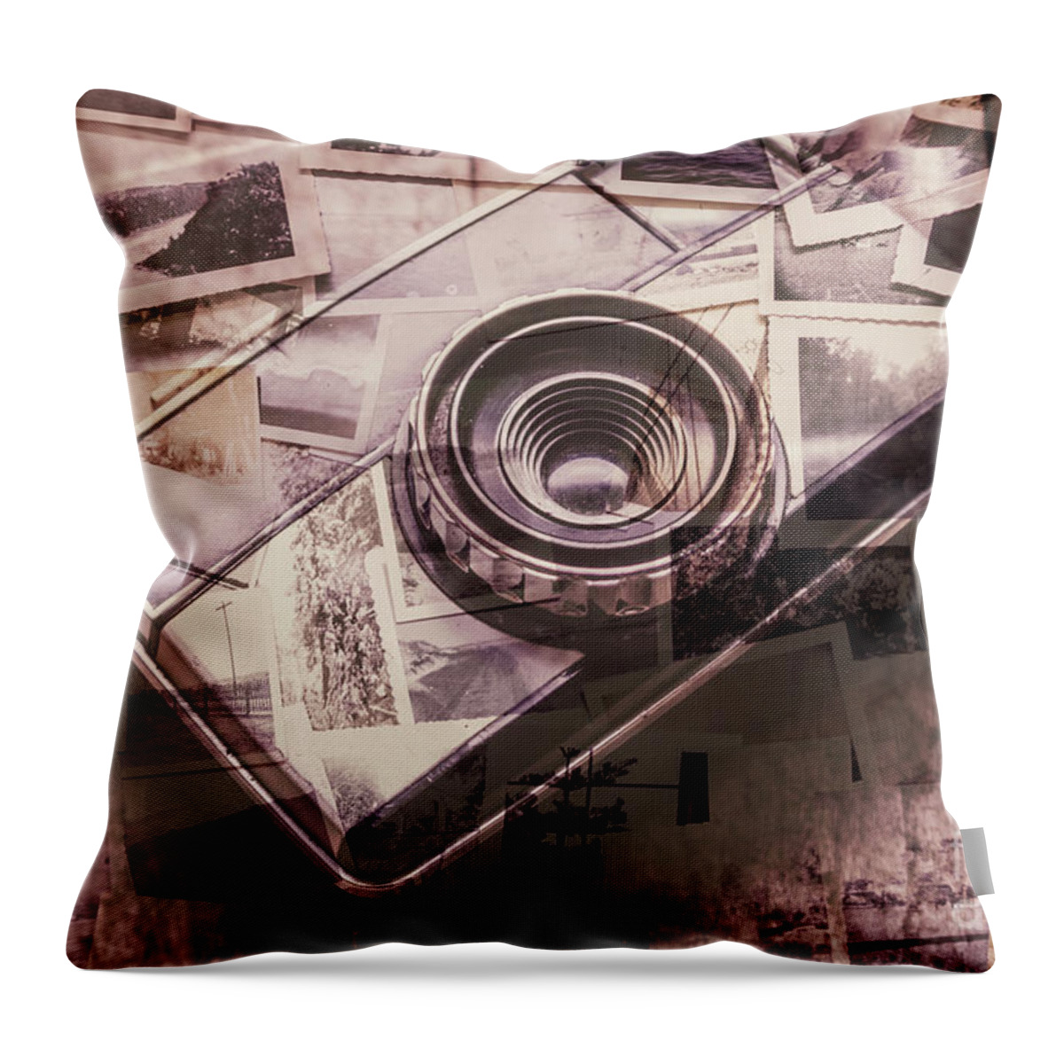 Old Throw Pillow featuring the photograph Camera of a vintage double exposure by Jorgo Photography