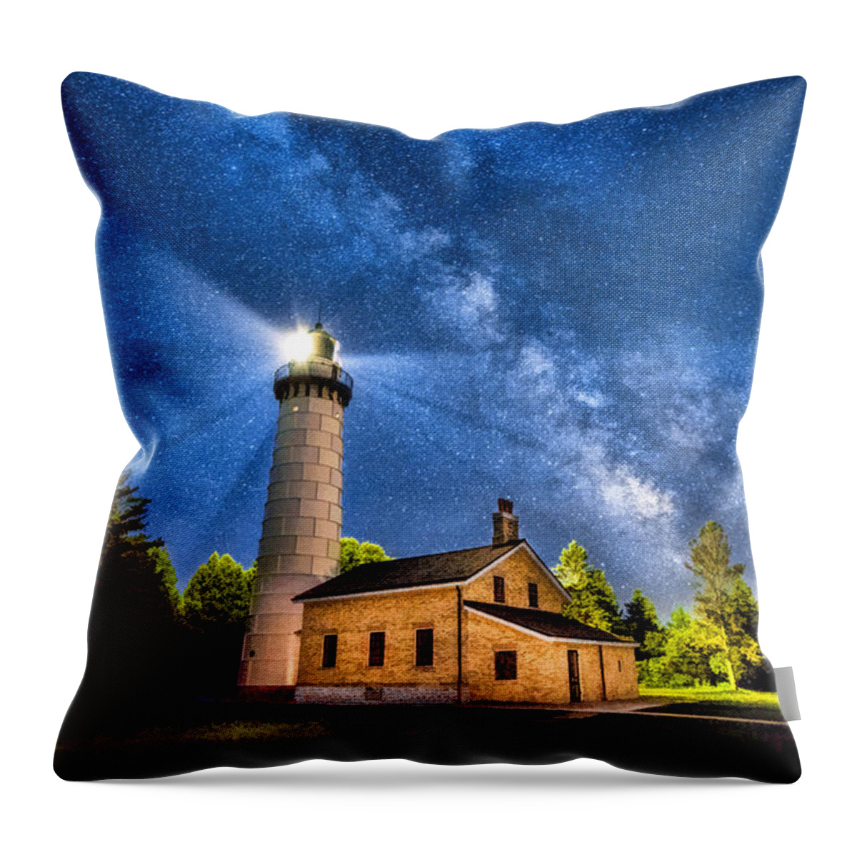Door County Throw Pillow featuring the painting Cana Island Lighthouse Milky Way in Door County Wisconsin by Christopher Arndt
