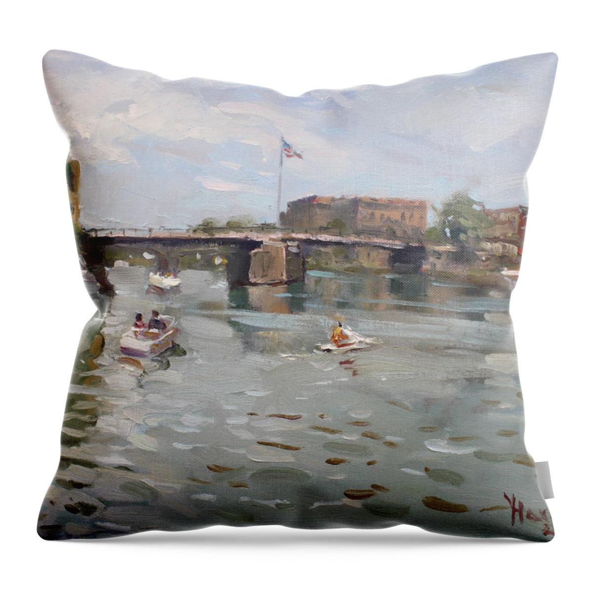 Canal Throw Pillow featuring the painting Canal at Tonawanda City by Ylli Haruni