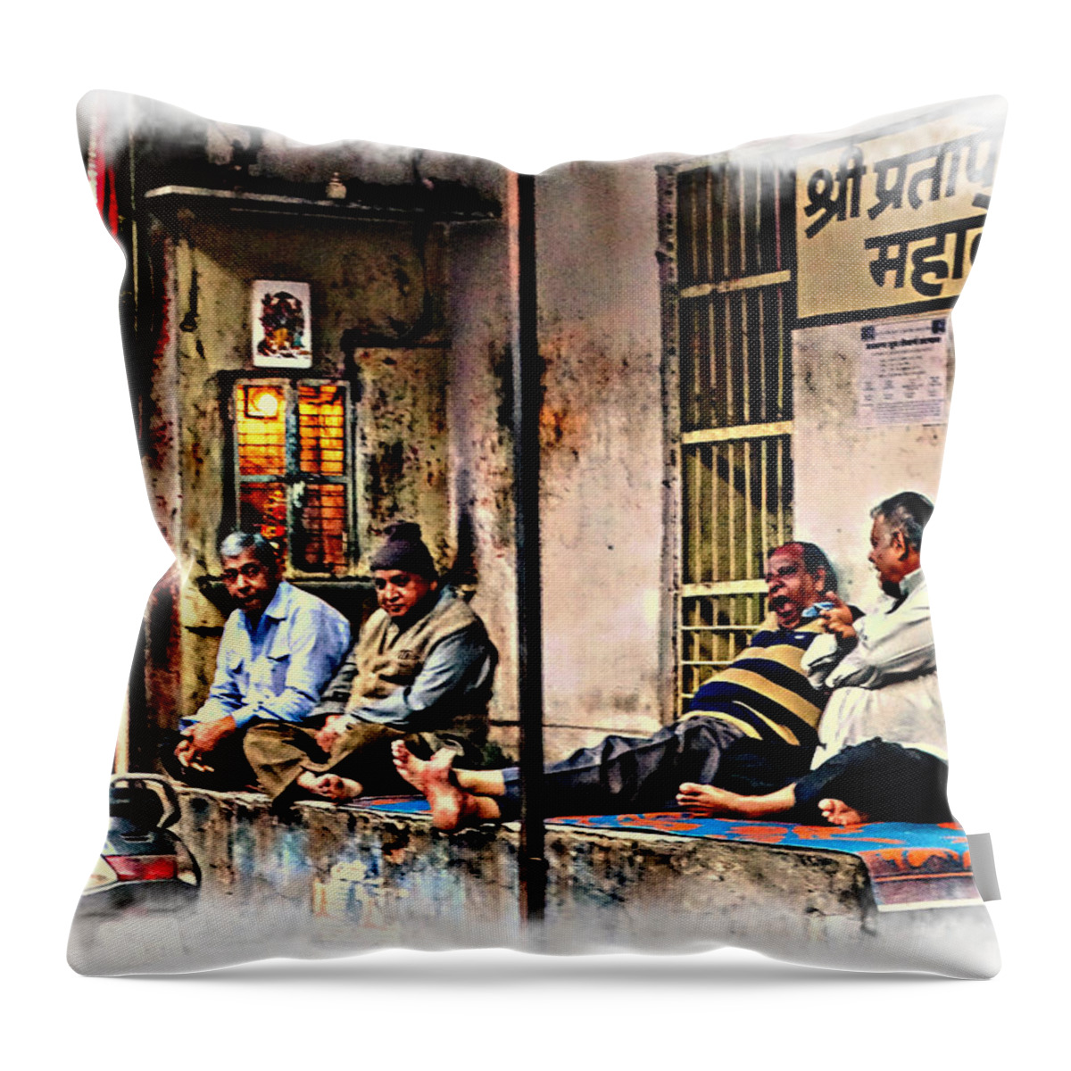 Hanging Out Throw Pillow featuring the photograph Candid Bored Yawn PJ Exotic Travel Blue City Streets India Rajasthan 1a by Sue Jacobi