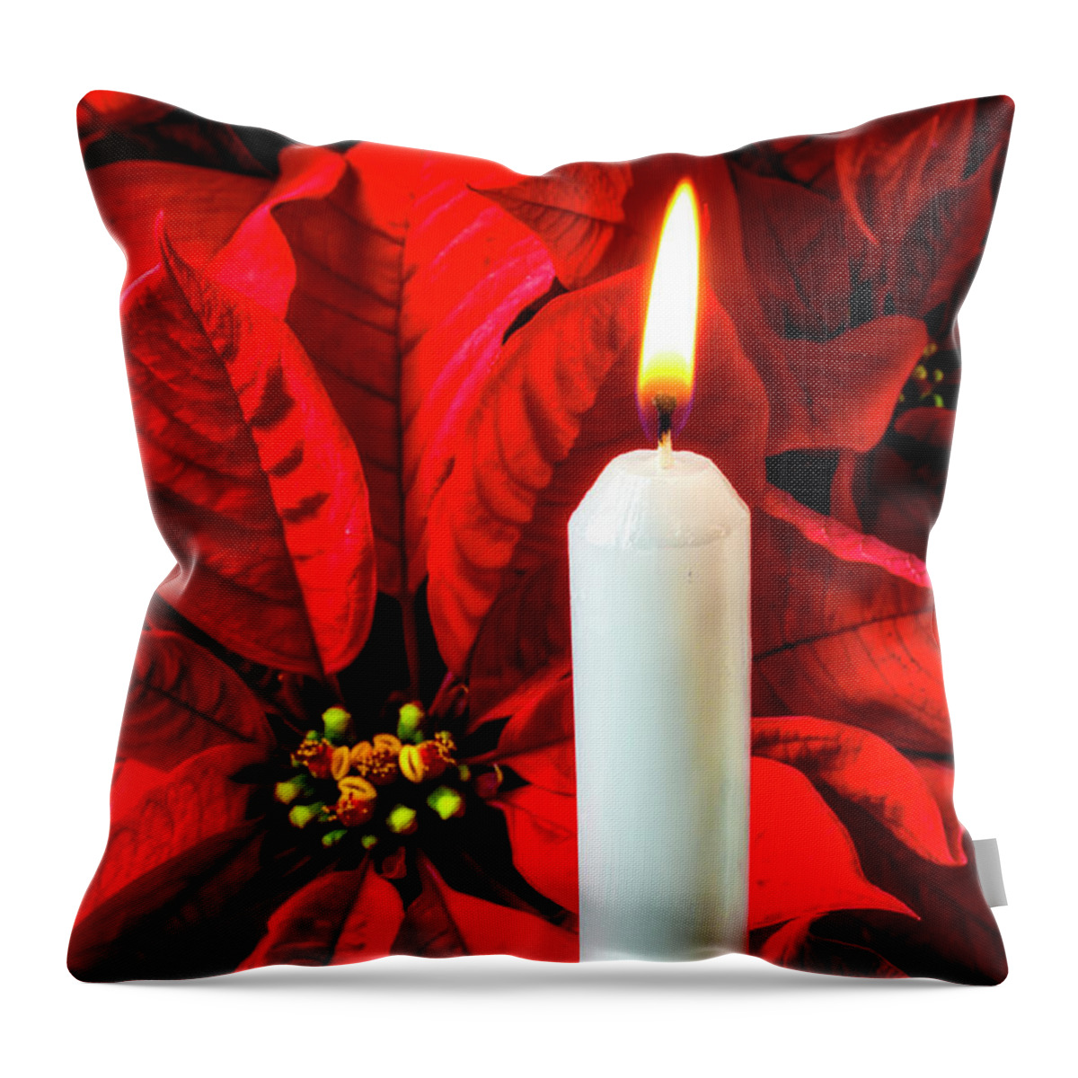 Red Poinsettia Throw Pillow featuring the photograph Candle And Poinsettia by Garry Gay