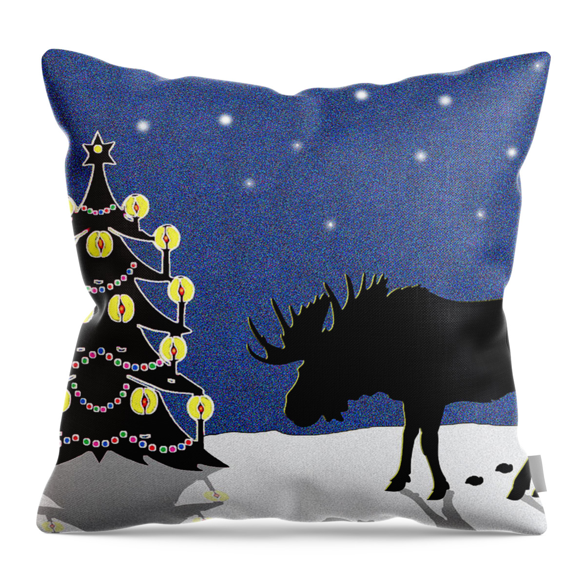 Moose Throw Pillow featuring the digital art Candlelit Christmas Tree and Moose in the Snow by Nancy Mueller