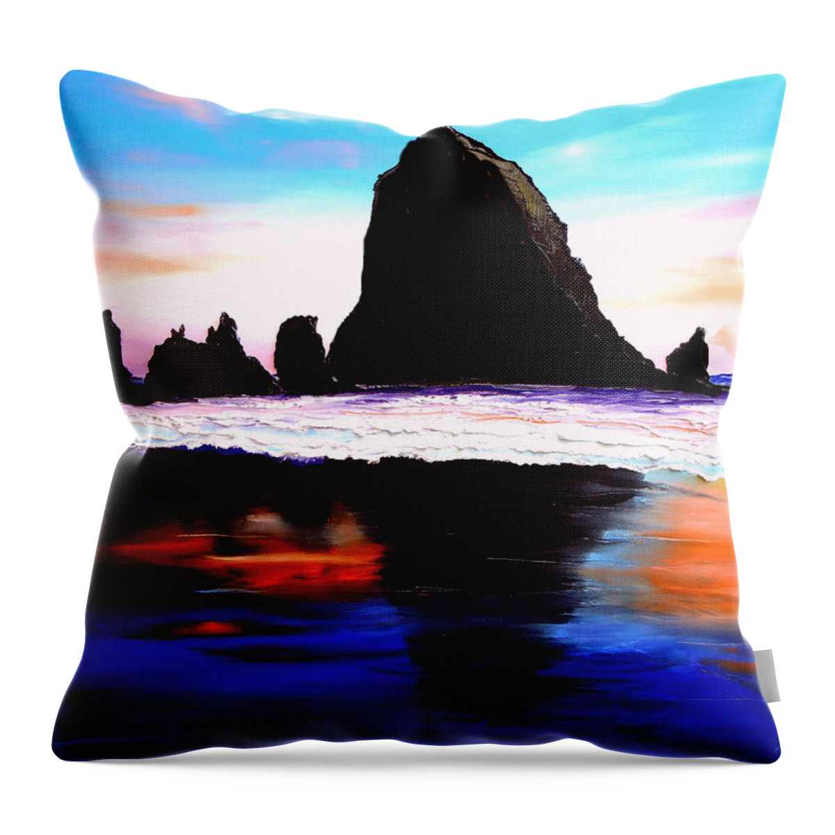  Throw Pillow featuring the painting Cannon Beach Hay Stack Rocks #23 by James Dunbar