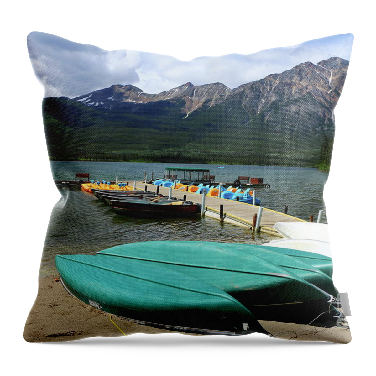 Canada Throw Pillow featuring the photograph Canoes At Pyramid Lake by Christiane Schulze Art And Photography