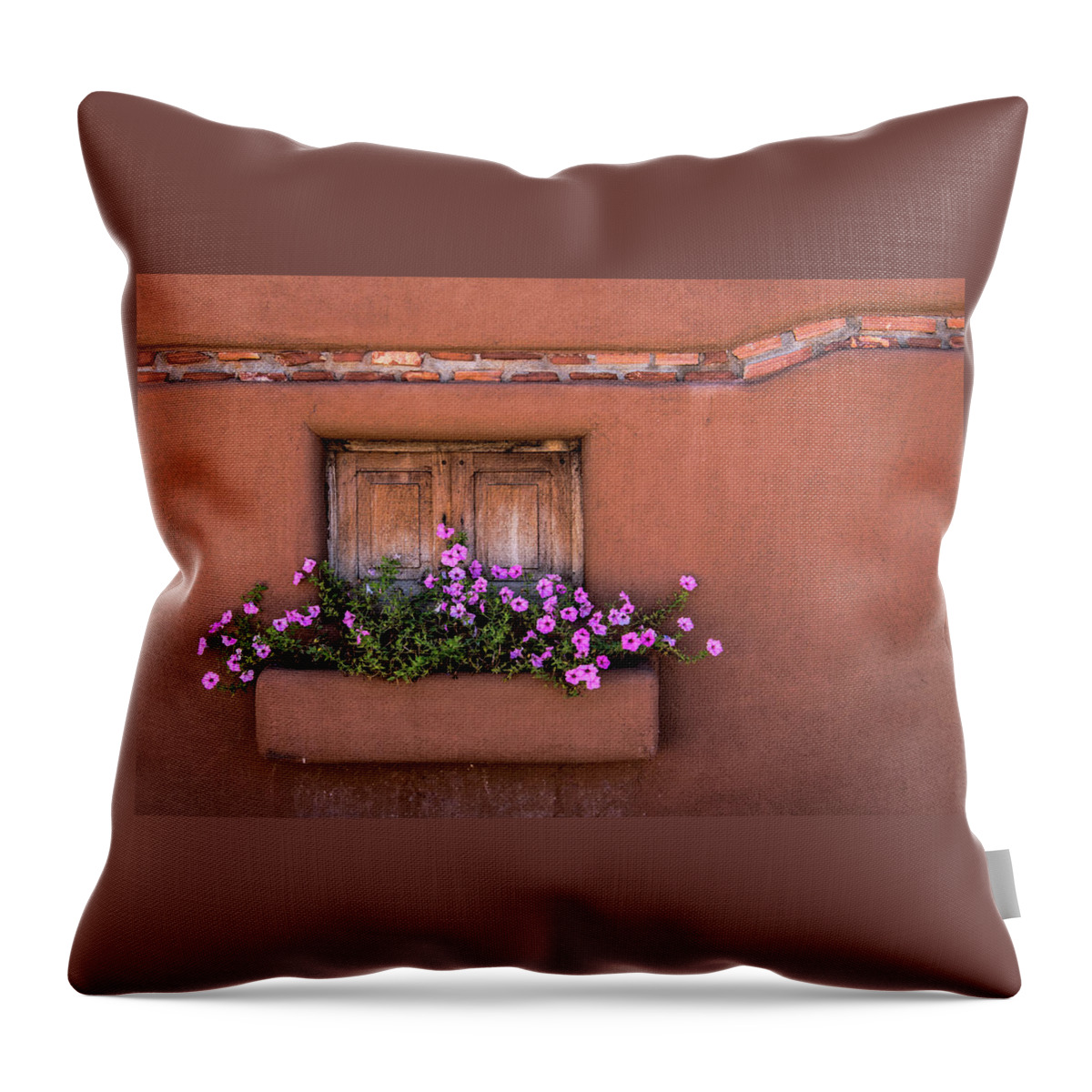 Adobe Throw Pillow featuring the photograph Canyon Road Flower Box by Paul LeSage