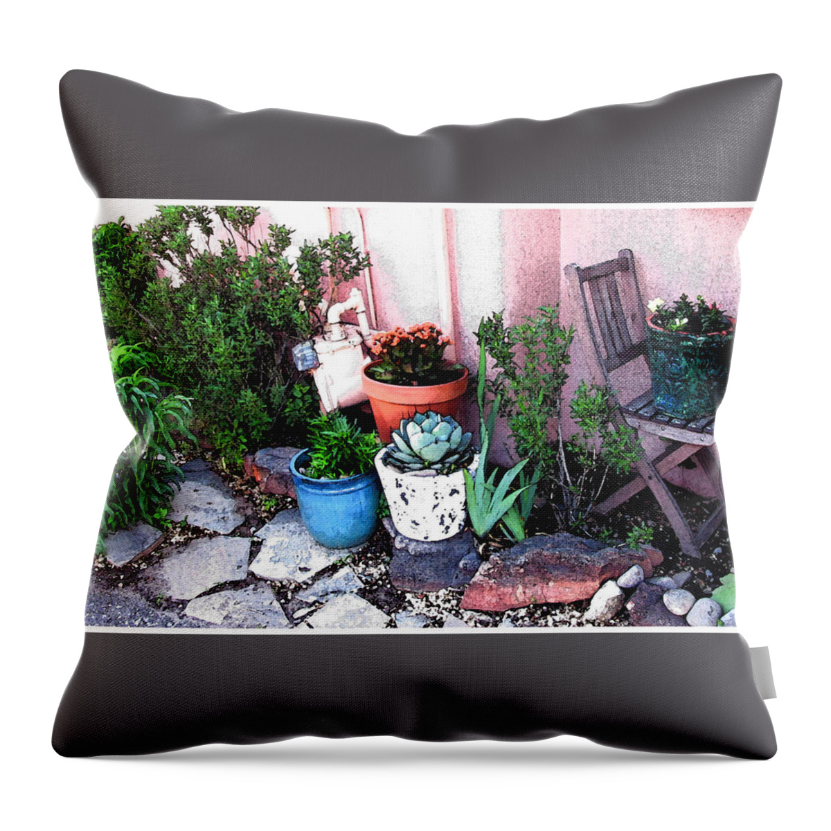 Flowers Throw Pillow featuring the photograph Canyon Road Still life with Chair by Feather Redfox
