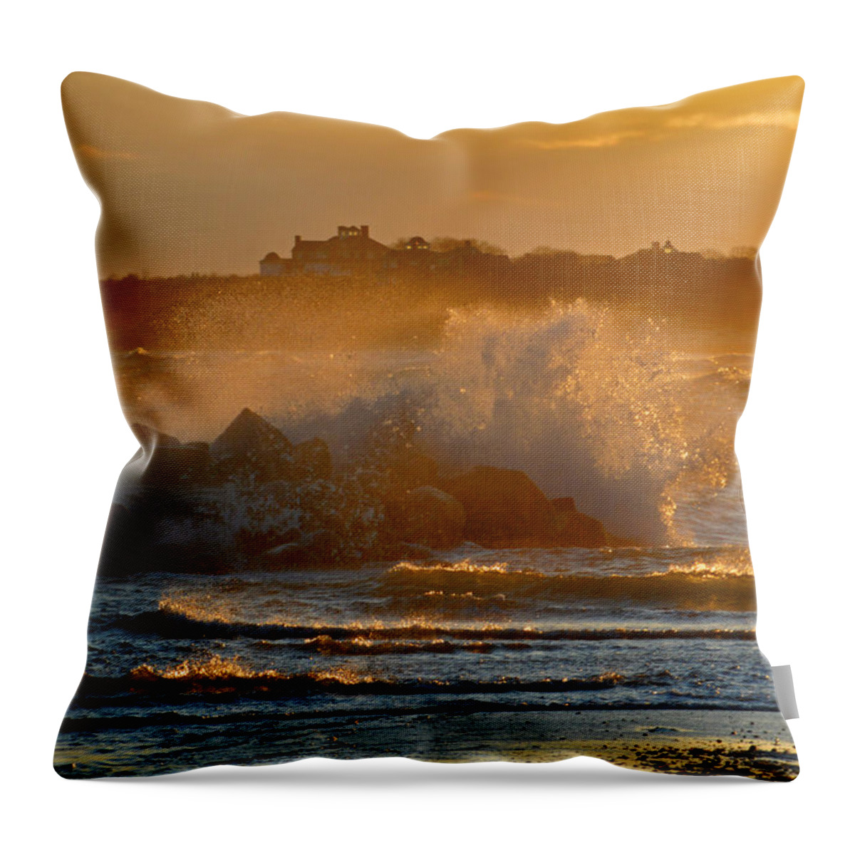 Cape Cod Throw Pillow featuring the photograph Cape Cod Bay - Heavy Surf - Sunrise by Dianne Cowen Cape Cod Photography