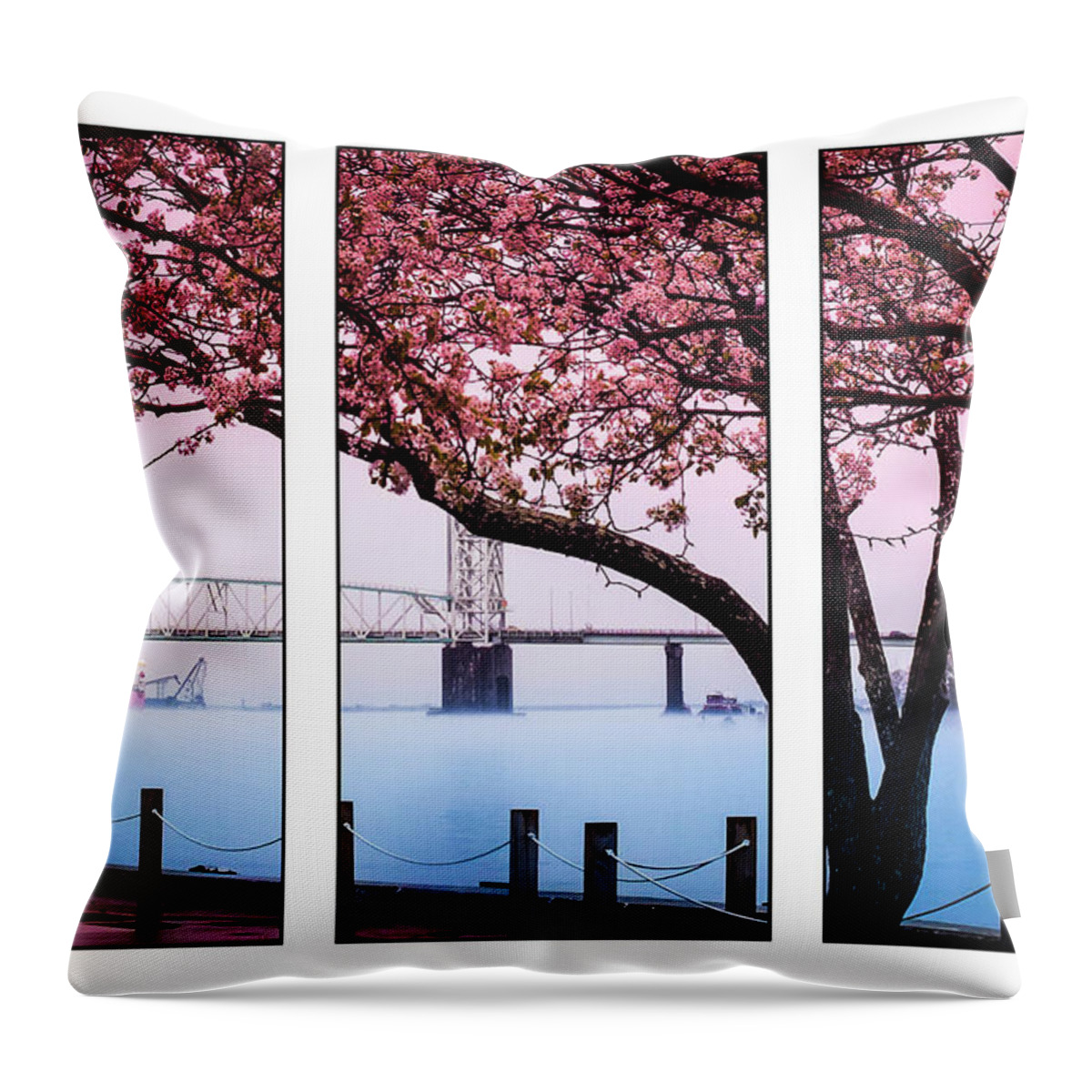 Cape Fear River Bridge Throw Pillow featuring the photograph Cape Fear River Bridge Triptych by Karen Wiles