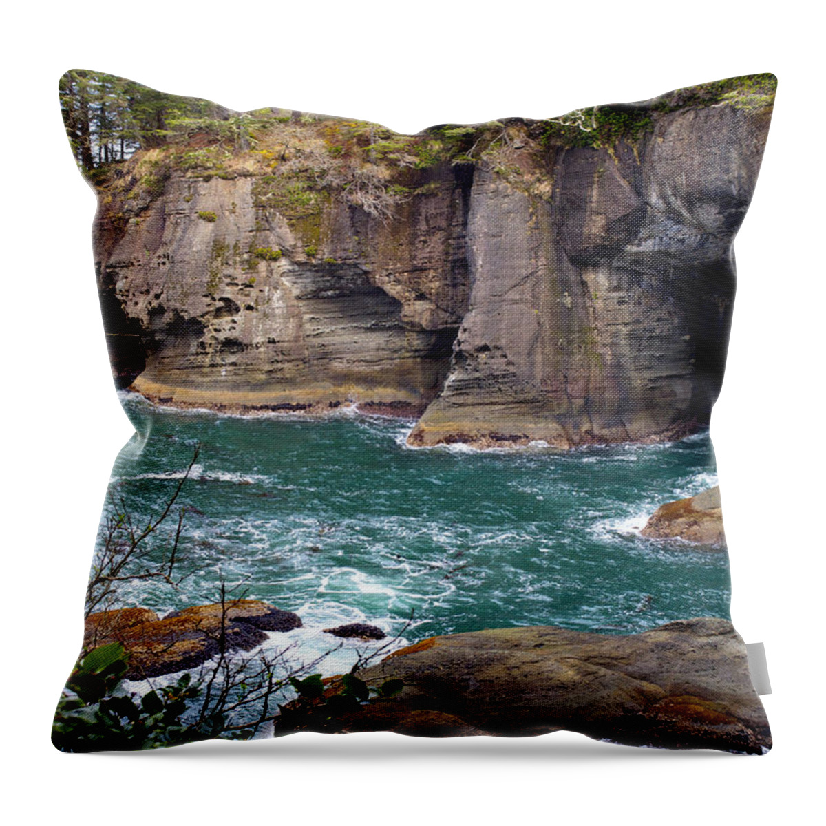 Nature Throw Pillow featuring the photograph Cape Flattery Sea Caves by Emerita Wheeling