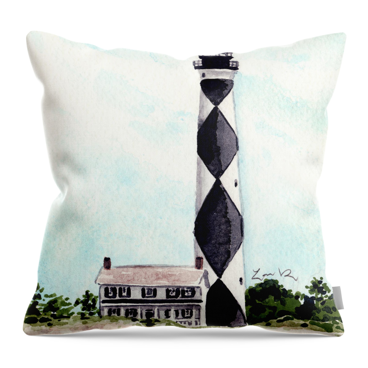 Cape Lookout Lighthouse Throw Pillow featuring the painting Cape Lookout Lighthouse Outer Banks North Carolina by Laura Row