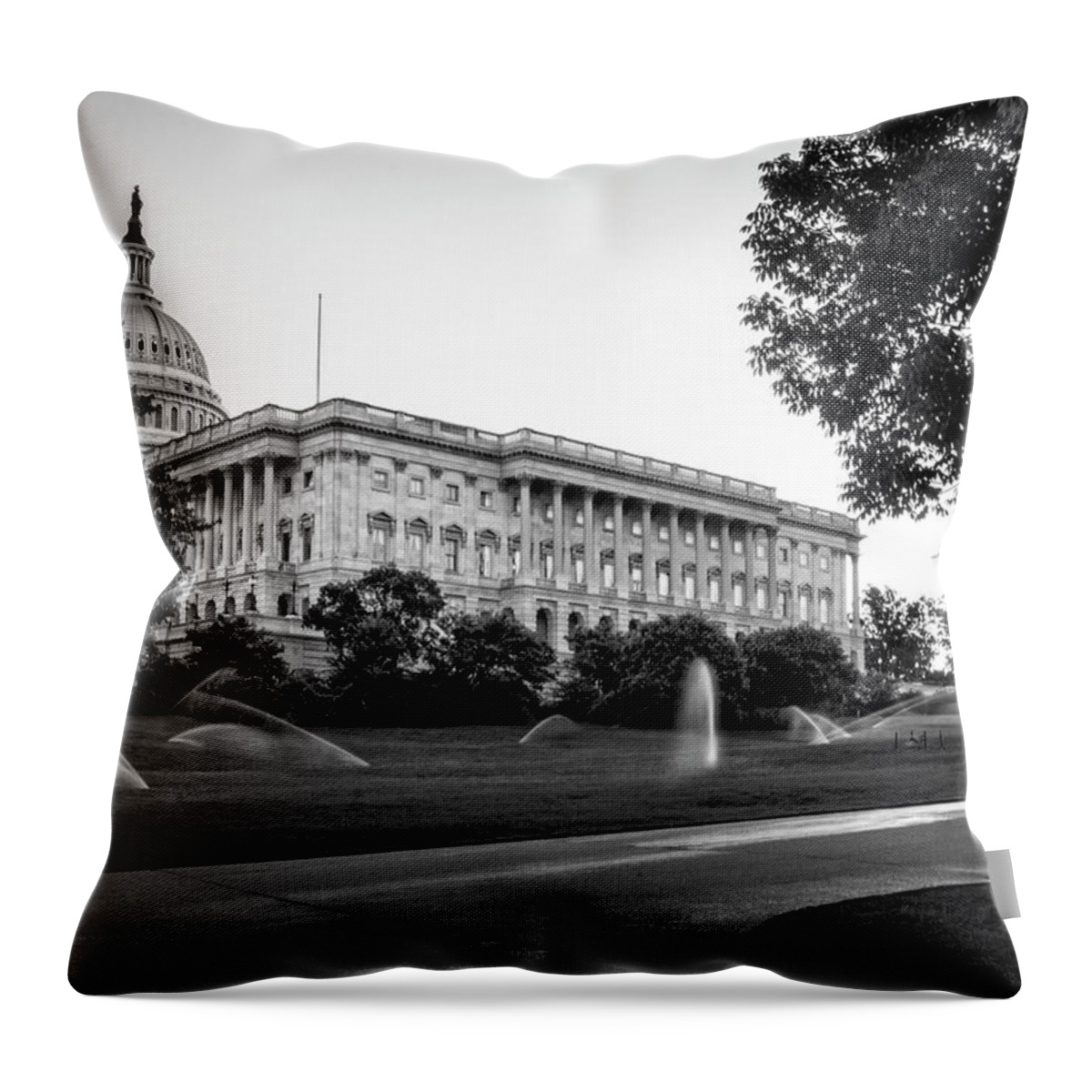 Us Capitol Building Throw Pillow featuring the photograph Capitol Hill Sprinklers In Black and White by Greg and Chrystal Mimbs