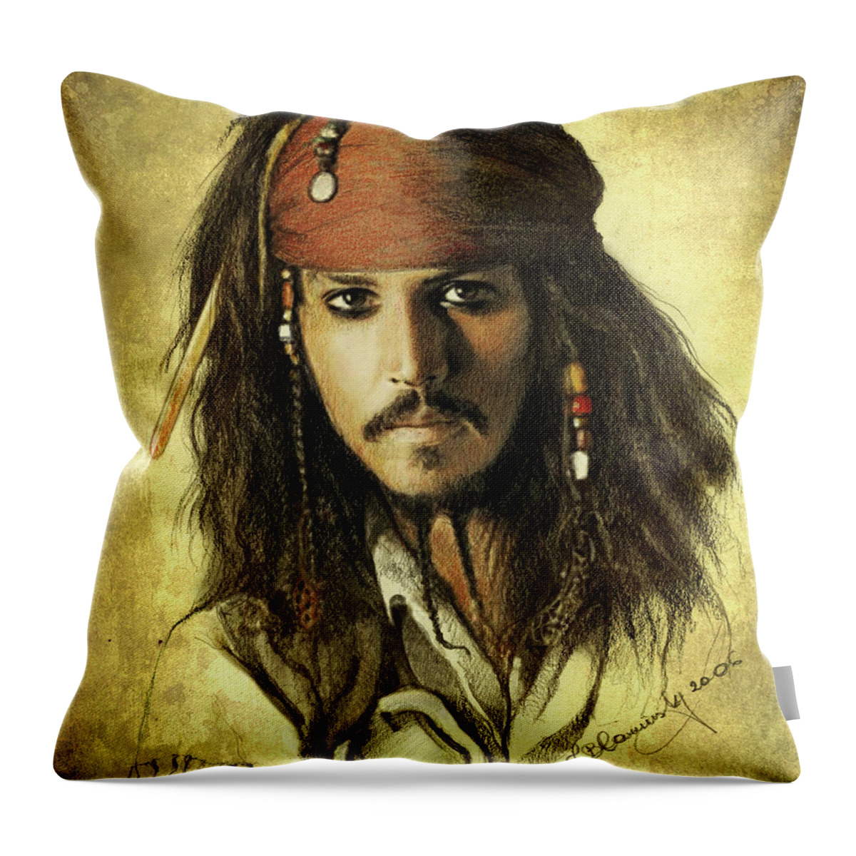 Face Throw Pillow featuring the drawing Captain Jack Sparrow by Jaroslaw Blaminsky
