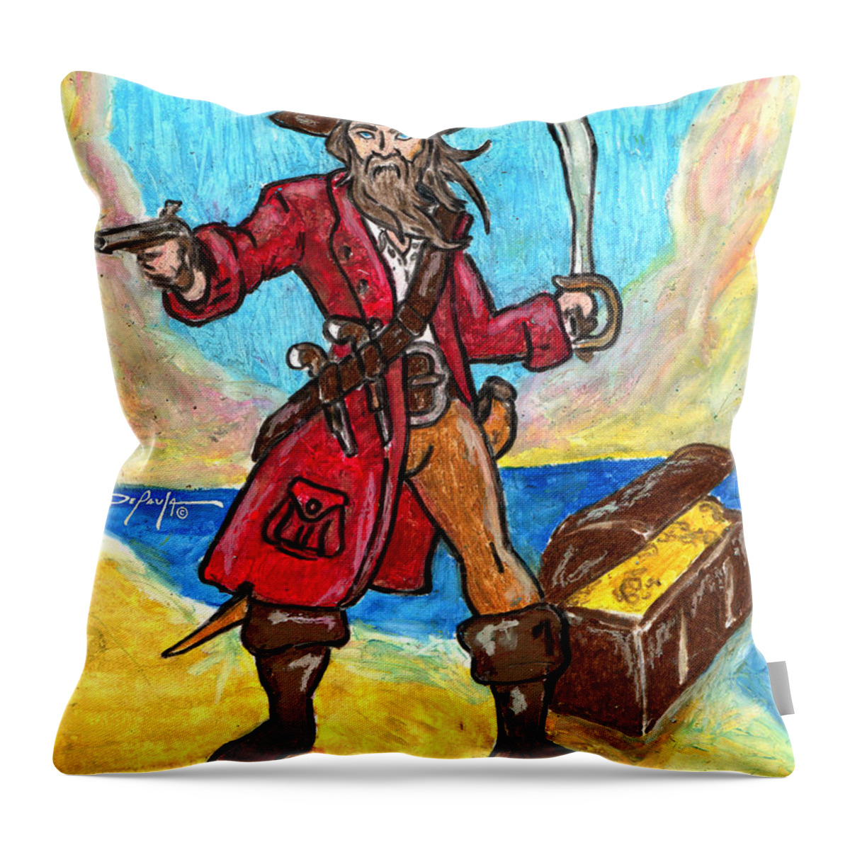 Pirate Throw Pillow featuring the mixed media Captain's Treasure by William Depaula