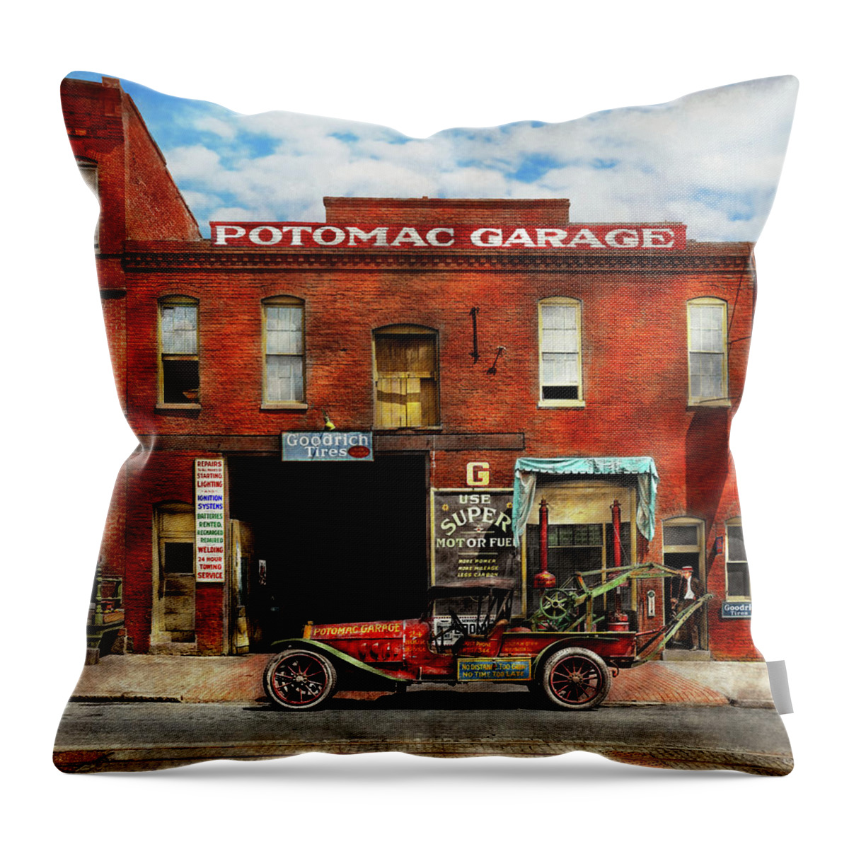 Potomac Garage Throw Pillow featuring the photograph Car - Garage - Misfit Garage 1922 by Mike Savad