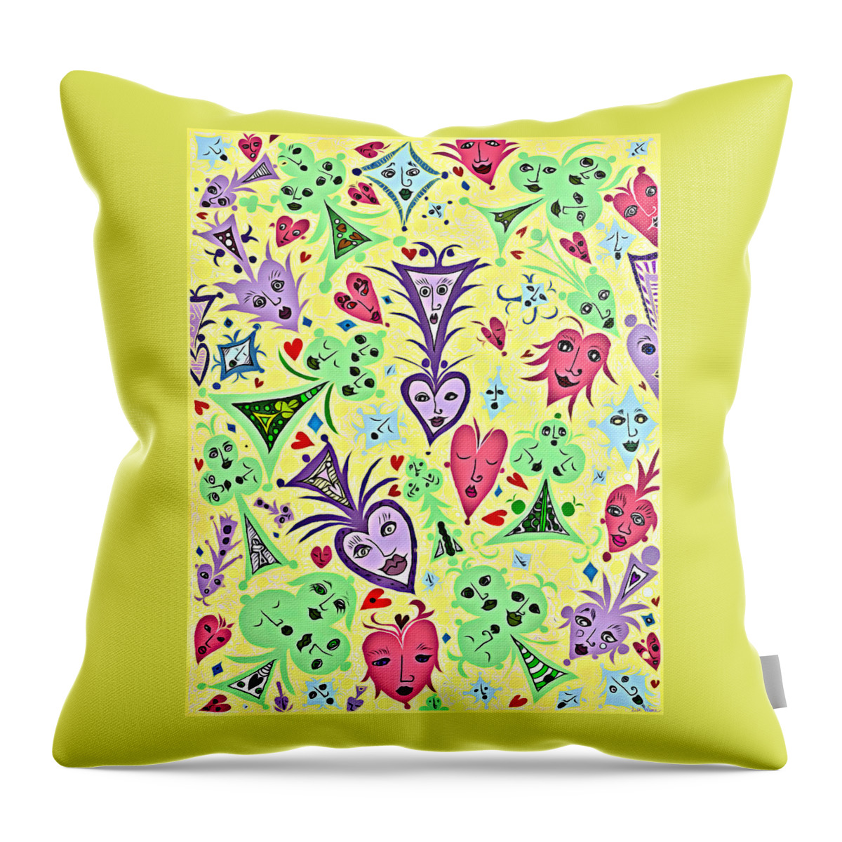 Lise Winne Throw Pillow featuring the digital art Card Game Symbols with Faces in Yellow by Lise Winne
