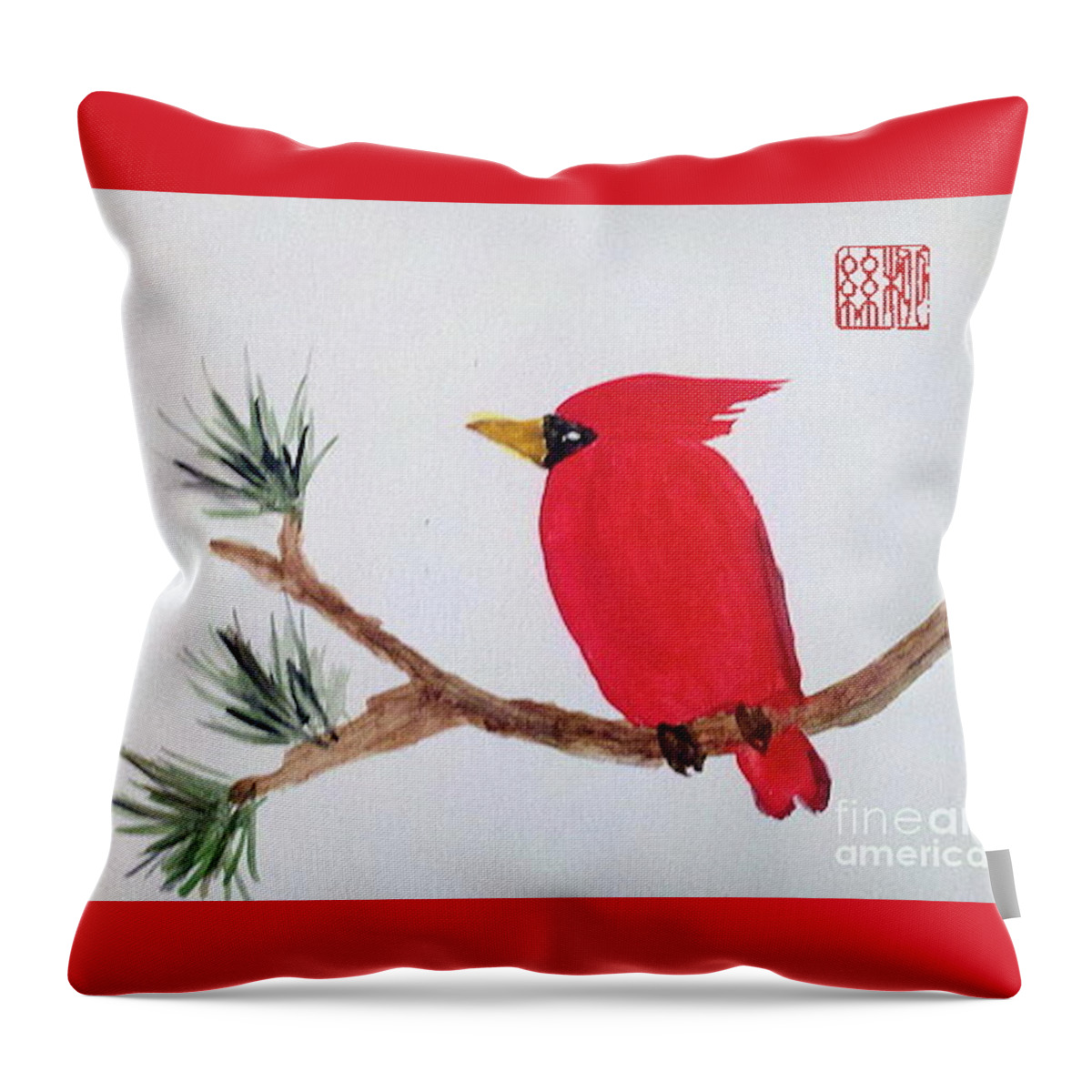 Red Robin Throw Pillow featuring the painting Cardinal in my Backyard by Margaret Welsh Willowsilk
