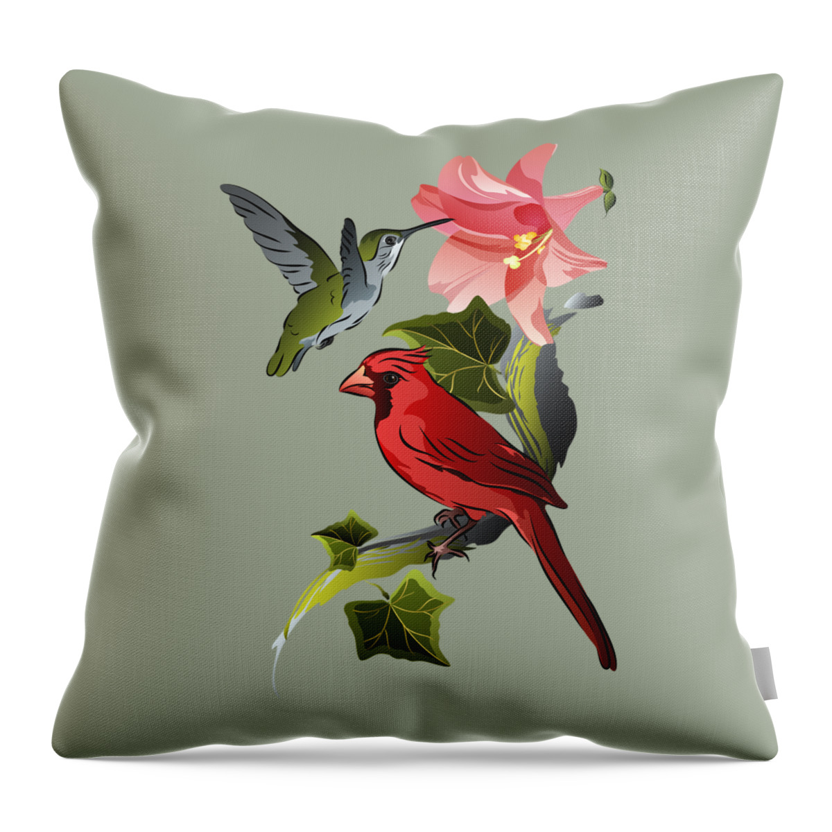 Graphic Bird Throw Pillow featuring the digital art Cardinal on Ivy Branch with Hummingbird and Pink Lily by MM Anderson