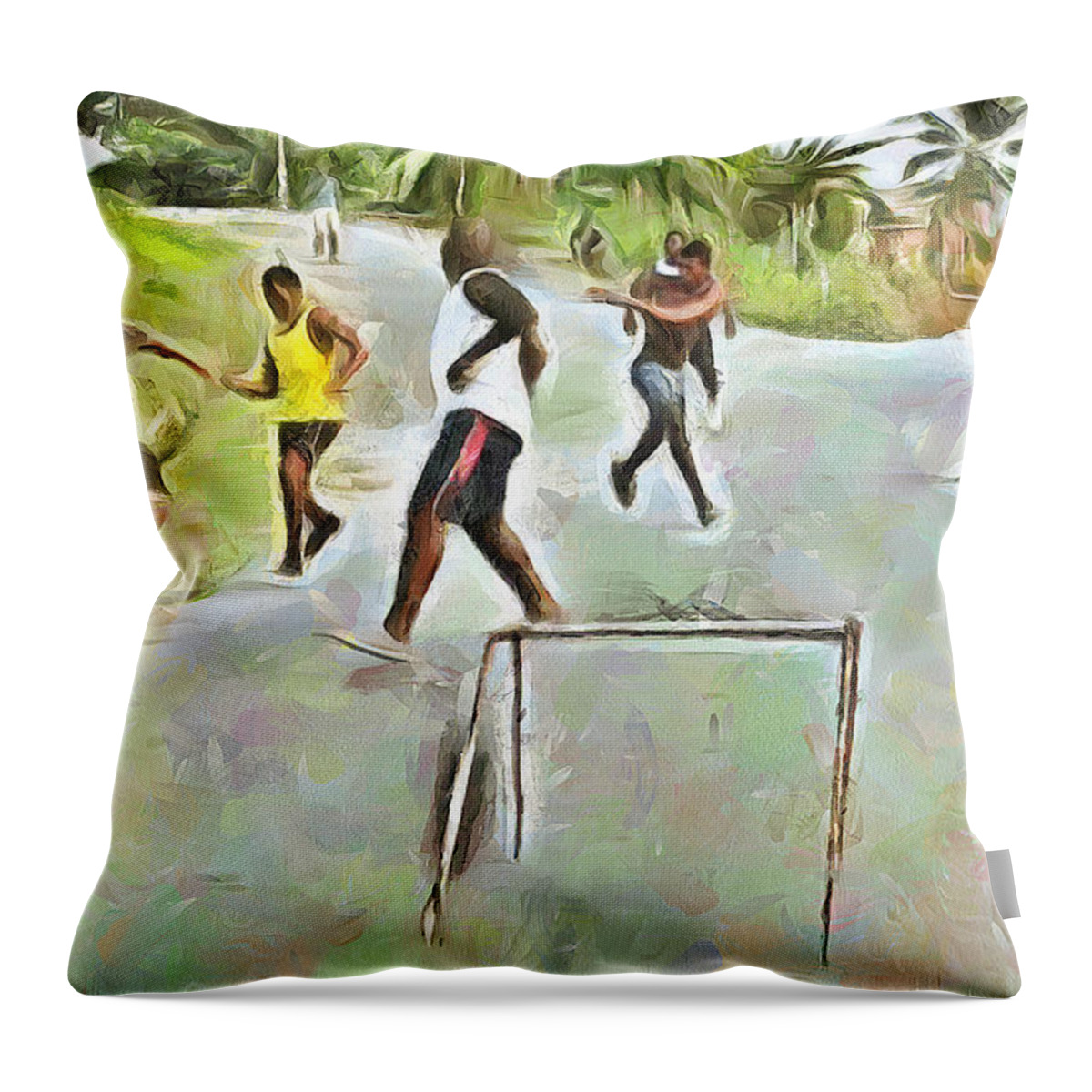 Small Goal Throw Pillow featuring the painting Caribbean Scenes - Small Goal In De Street by Wayne Pascall