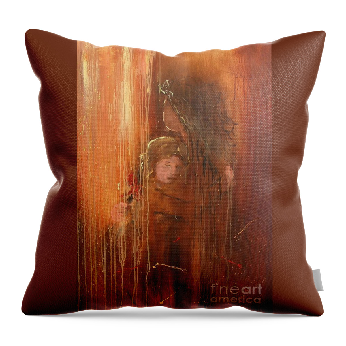 Caring Take Care Mother And Daughter Mom Baby Abstract Painting I Love You Rain Hug Little Girl Lovely Care Throw Pillow featuring the painting Care by Miroslaw Chelchowski