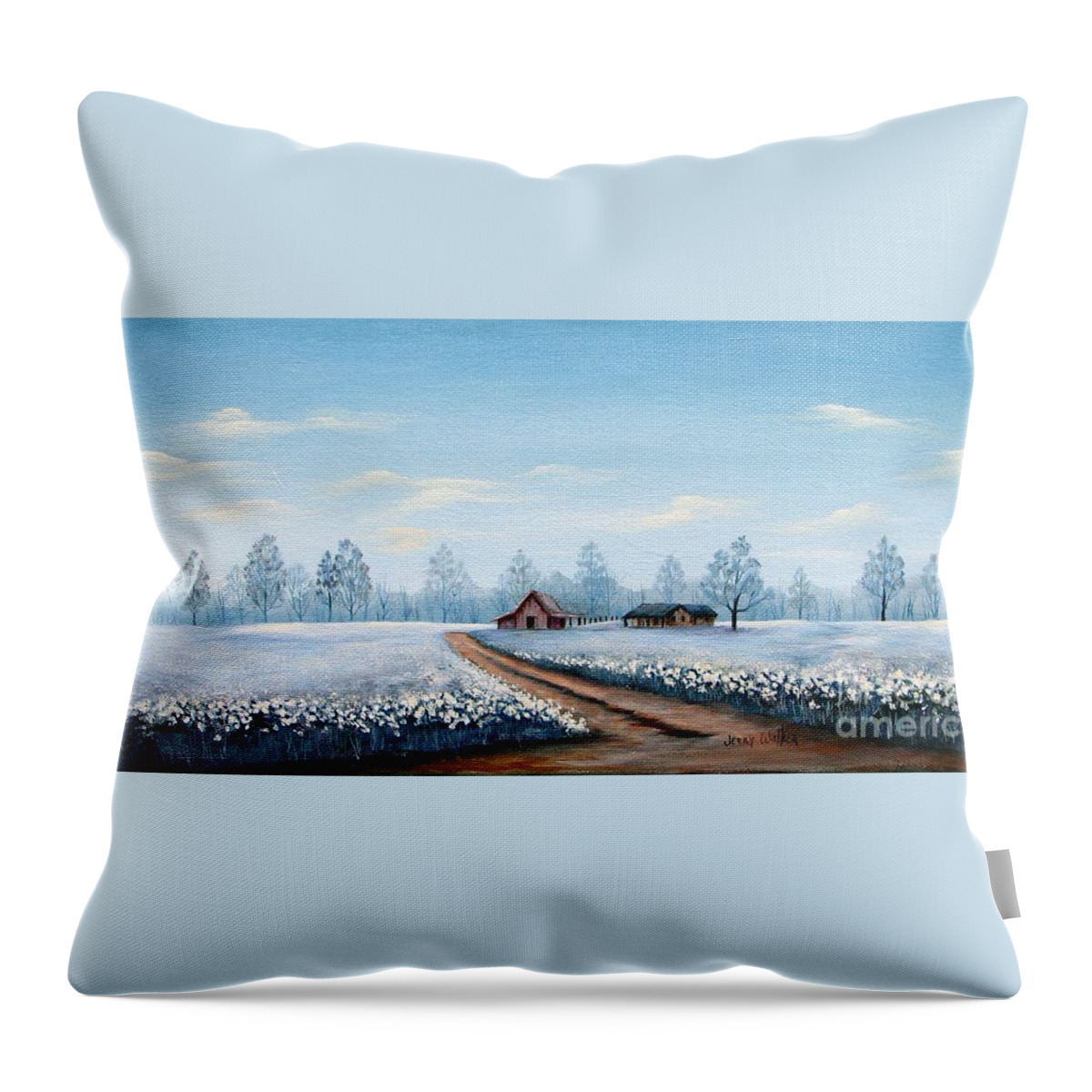 Landscape Throw Pillow featuring the painting Carolina Cottonfield by Jerry Walker