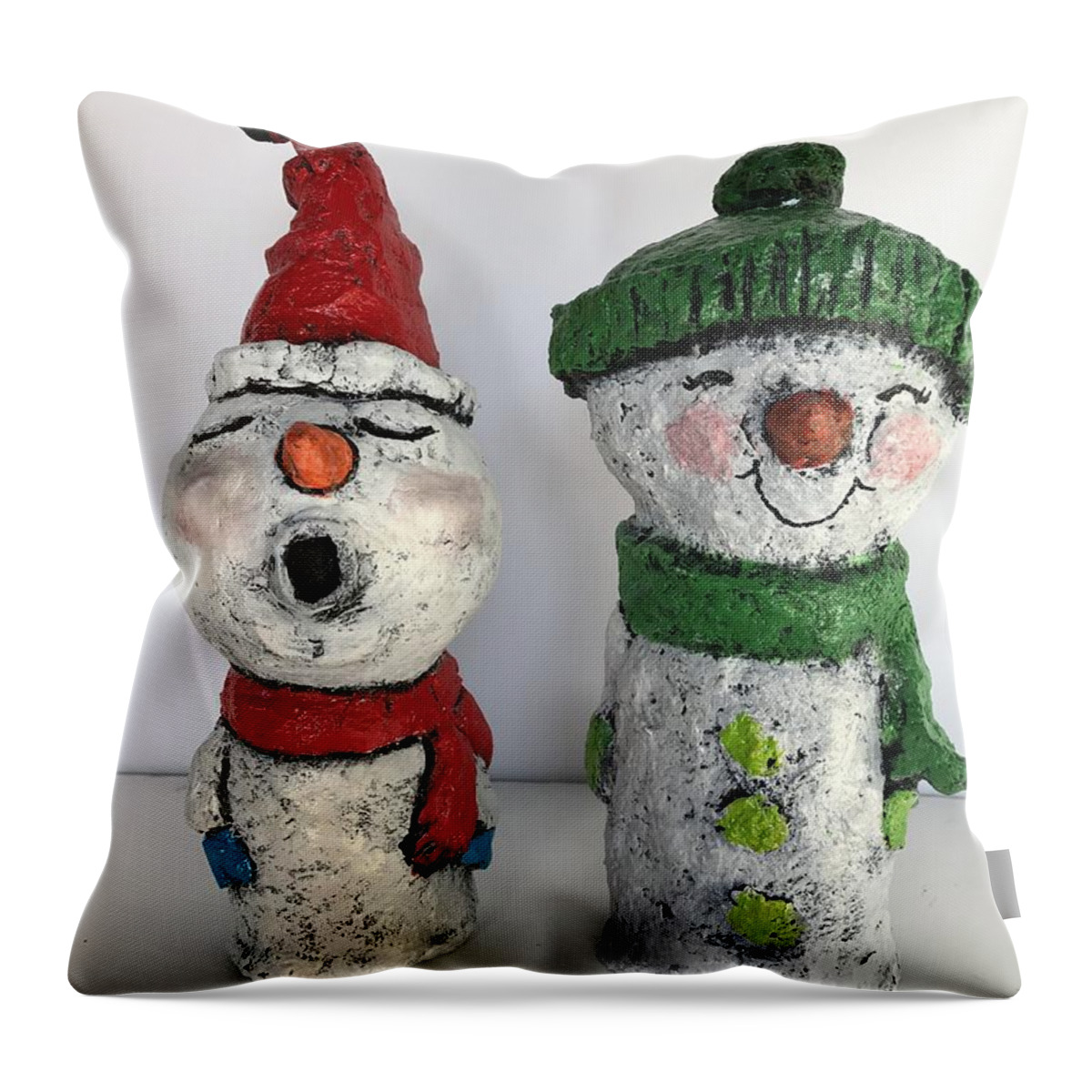 Snowman Throw Pillow featuring the sculpture Caroling Snowmen by Vickie Scarlett-Fisher