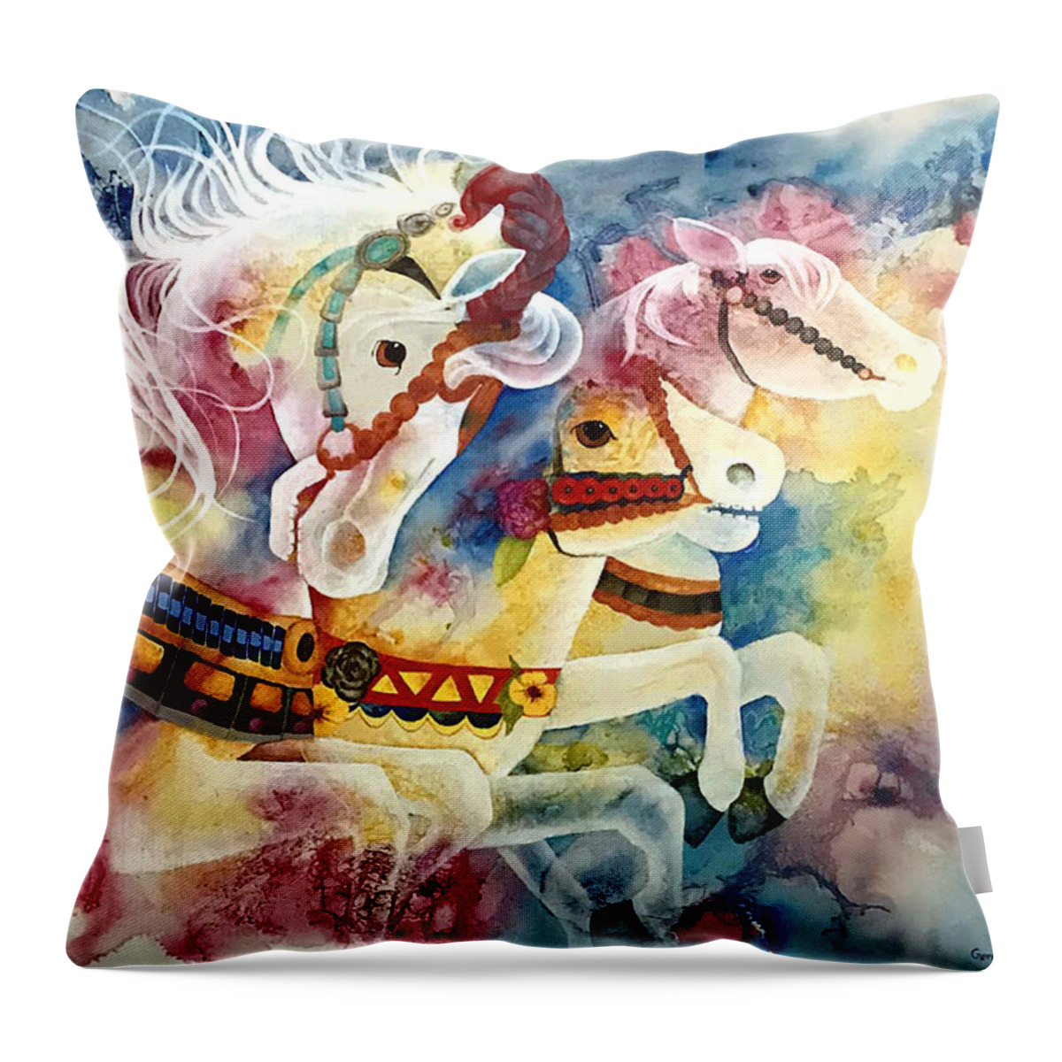 Watercolor Throw Pillow featuring the painting Carousel Horses by Gerry Delongchamp