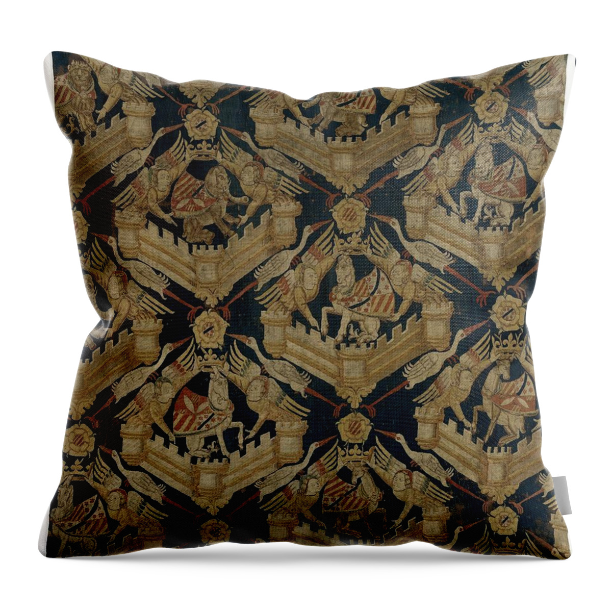 Carpet With The Arms Of Rogier De Beaufort Throw Pillow featuring the tapestry - textile Textile tapestry Carpet with the arms of Rogier de Beaufort by Vintage Collectables