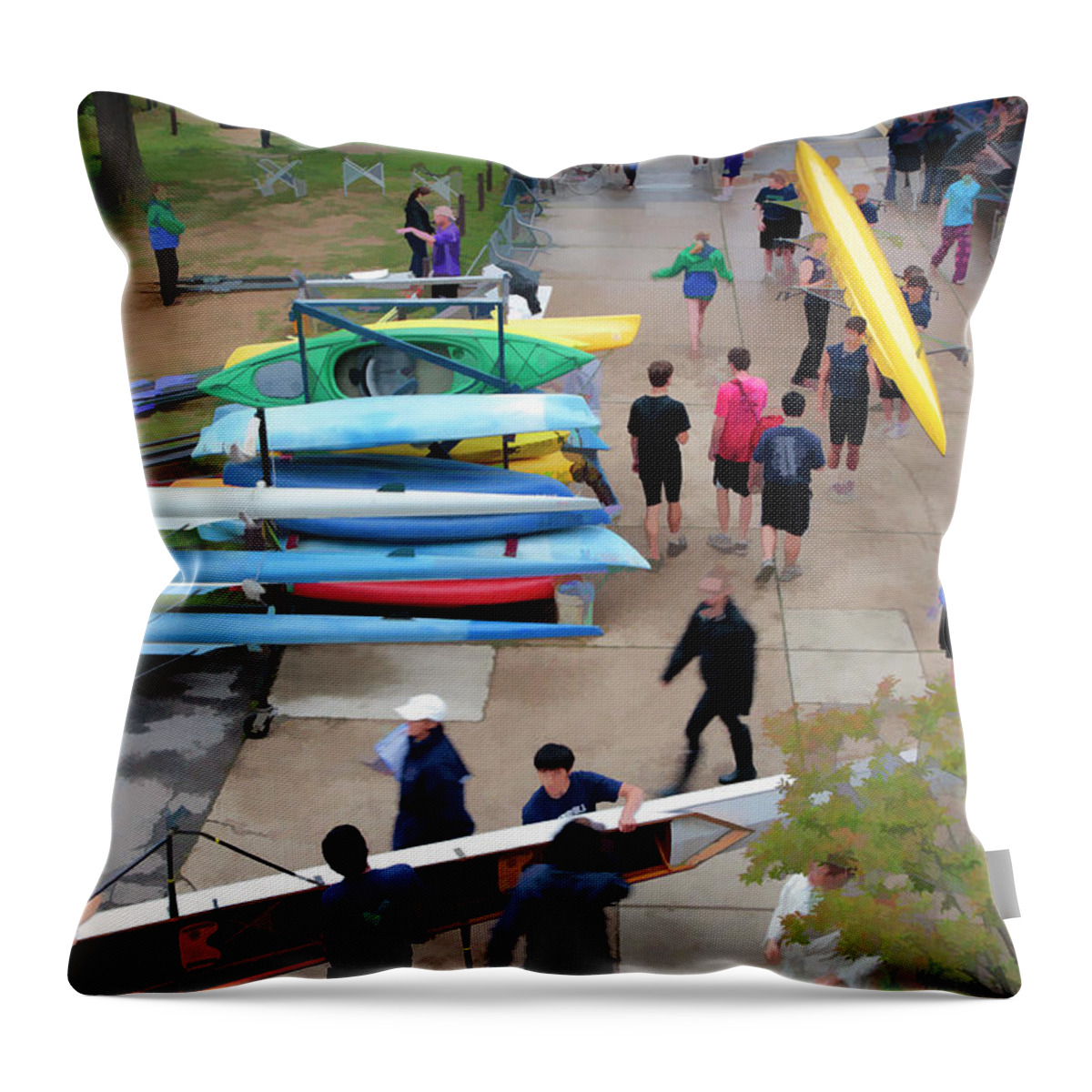Crew Throw Pillow featuring the digital art Carrying the Boats at a Rowing Regatta by William Kuta