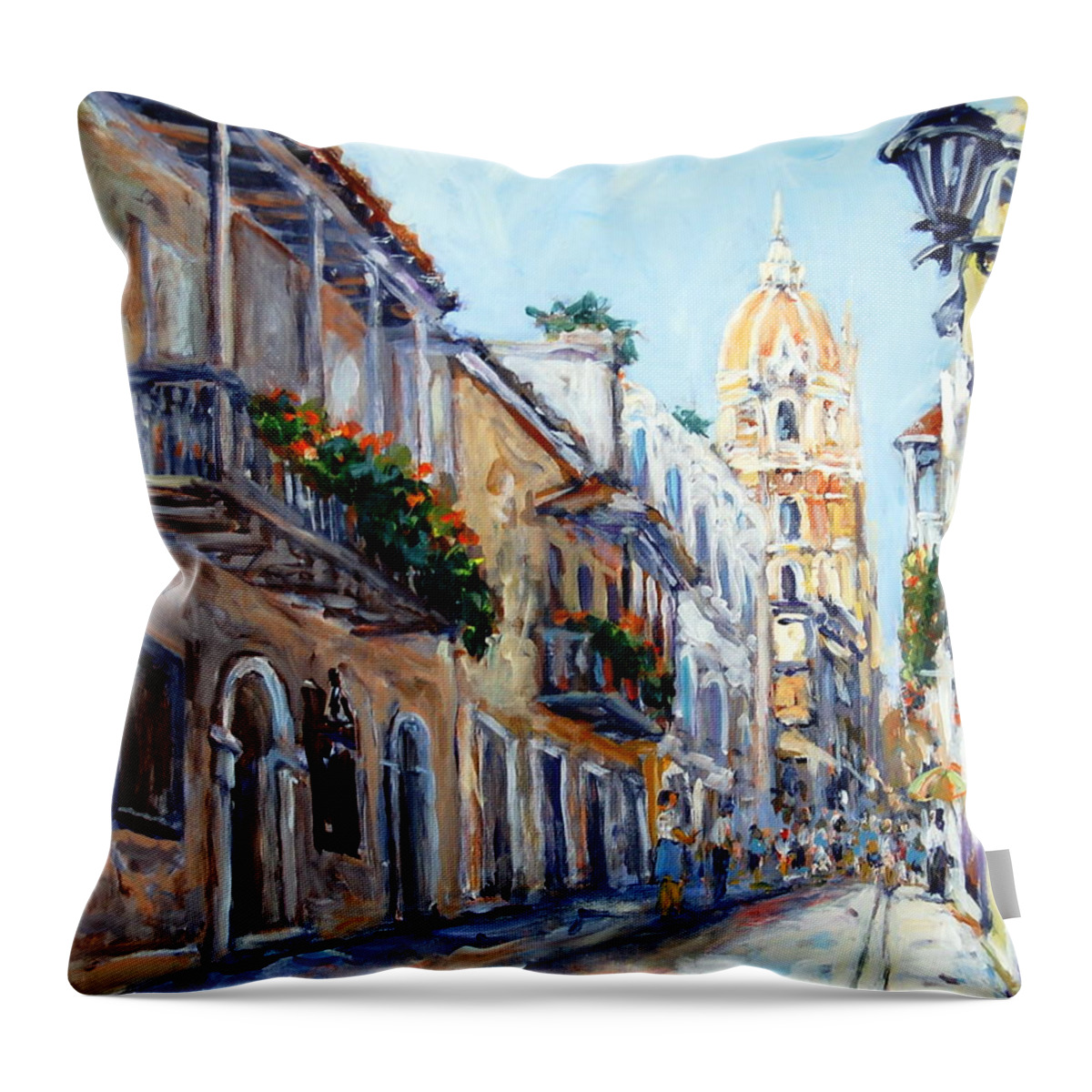 Cityscape Throw Pillow featuring the painting Cartagena Colombia by Ingrid Dohm