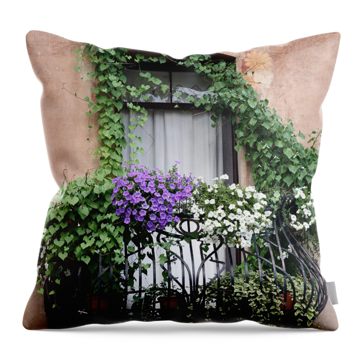 Windows And Doors Throw Pillow featuring the photograph Cascading Floral Balcony by Donna Corless