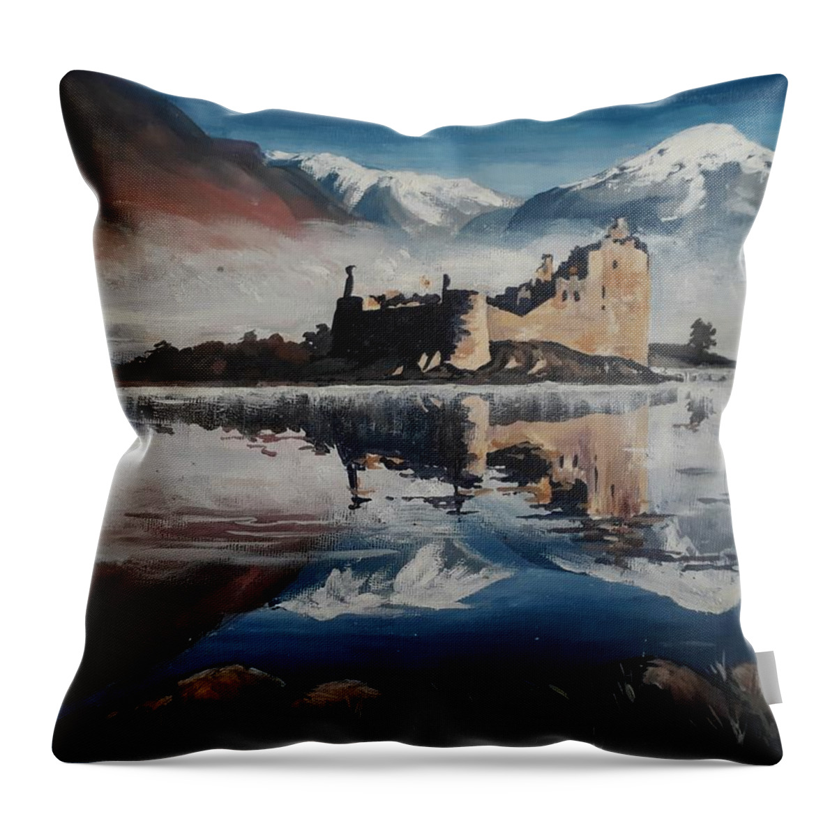 Landscape Throw Pillow featuring the painting Castle in Scotland by Natalia Shtainfeld-Borovkov