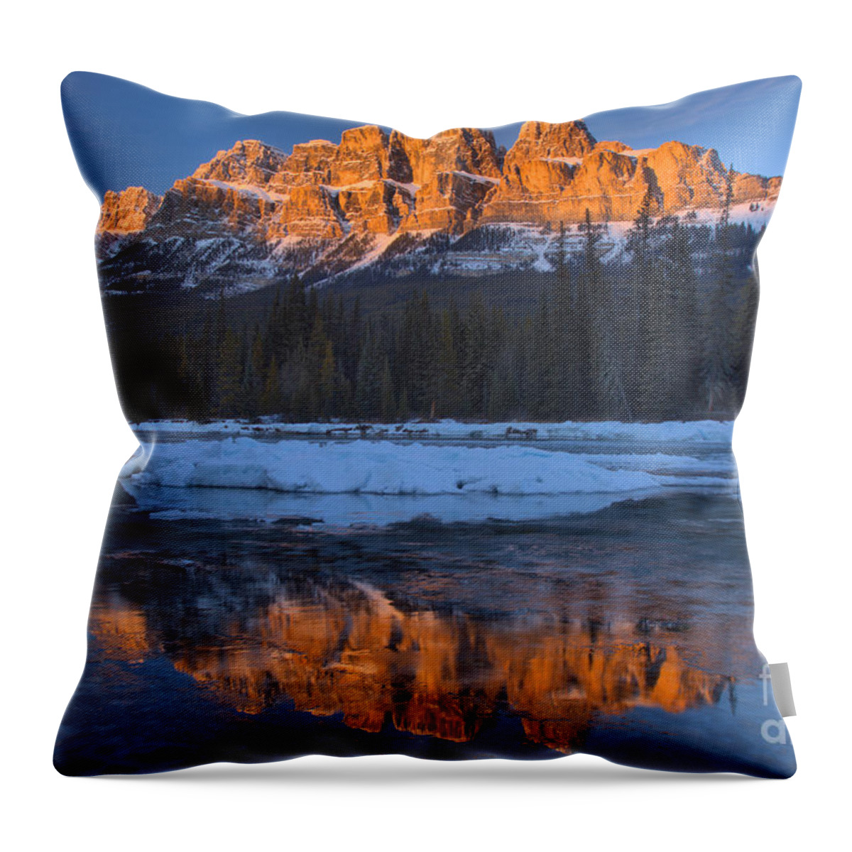 Castle Mountain Throw Pillow featuring the photograph Castle Mountain Red Winter Reflections by Adam Jewell