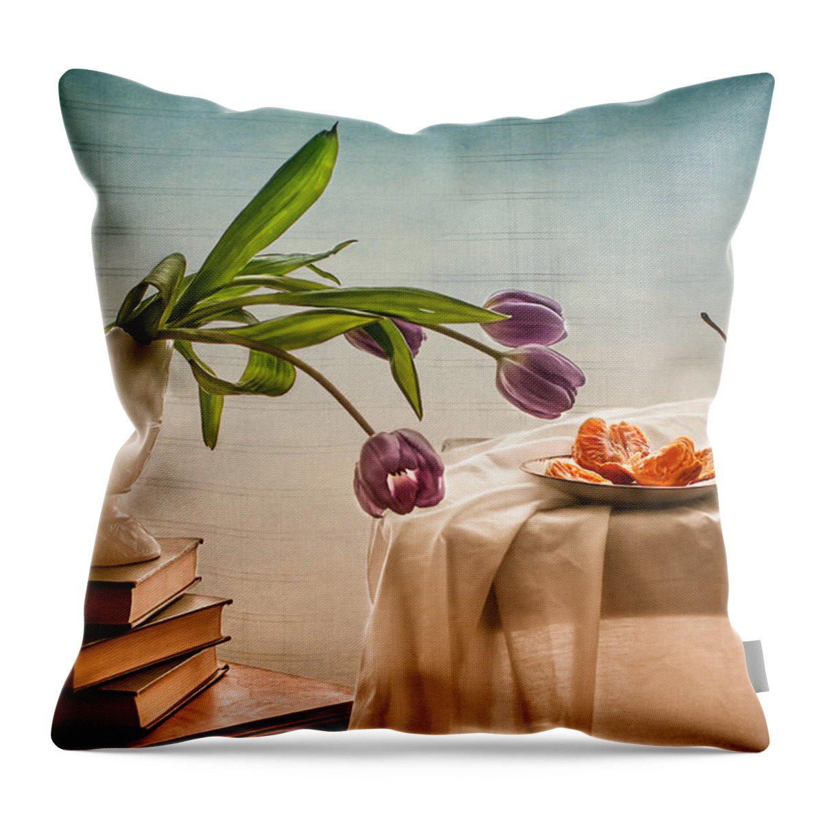 Morning Throw Pillow featuring the photograph Casual Morning with Tulips, Orange and Pear by Maggie Terlecki