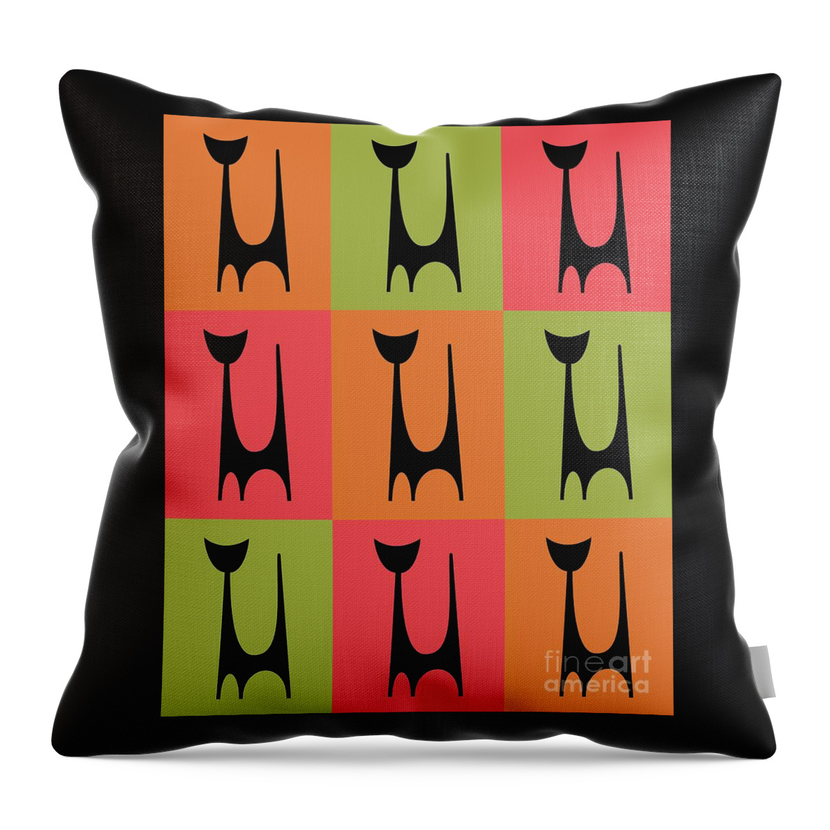 Atomic Cat Throw Pillow featuring the digital art Cat 1 Orange Green Pink by Donna Mibus