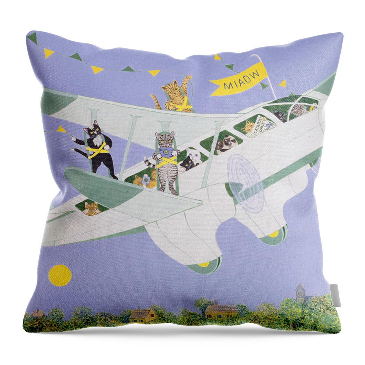 Cat Throw Pillow featuring the painting Cat Air Show by Pat Scott