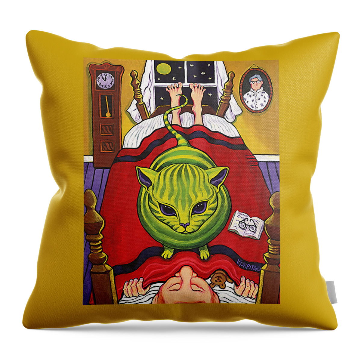 Rebecca Korpita Throw Pillow featuring the painting Cat - Alien Abduction by Rebecca Korpita