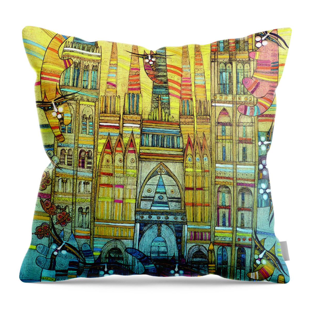 Cat Throw Pillow featuring the painting Cat-hedral by Albena Vatcheva