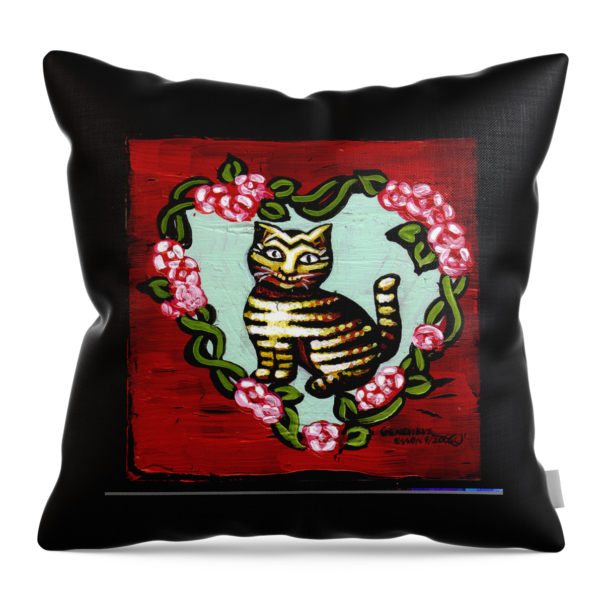 Cat Throw Pillow featuring the painting Cat In Heart Wreath 2 by Genevieve Esson