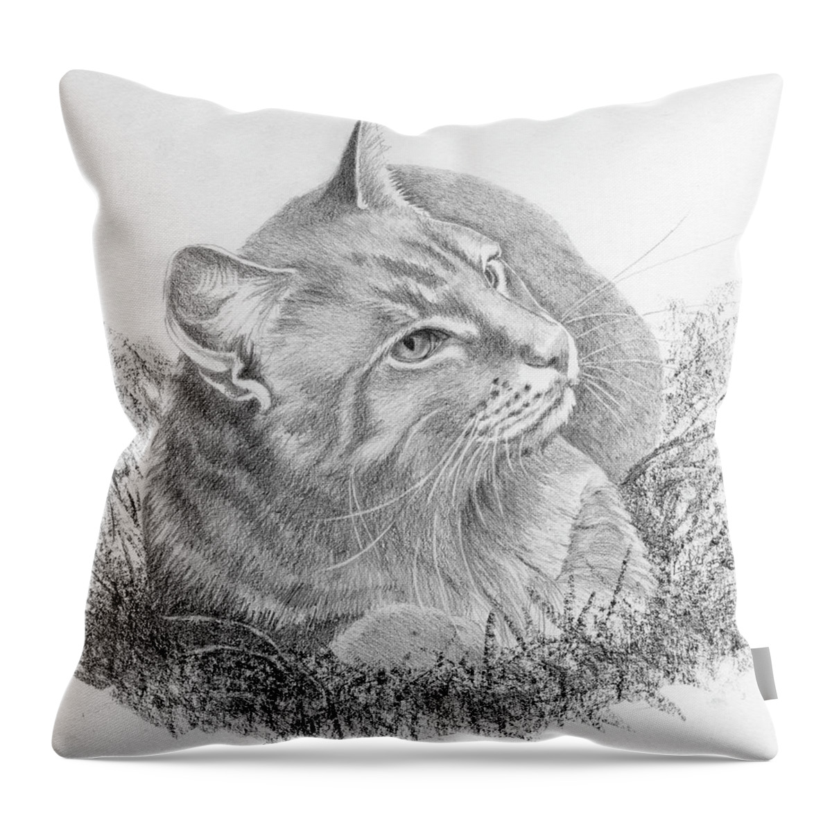 Cat Throw Pillow featuring the drawing Cat in the Grass by Louise Howarth