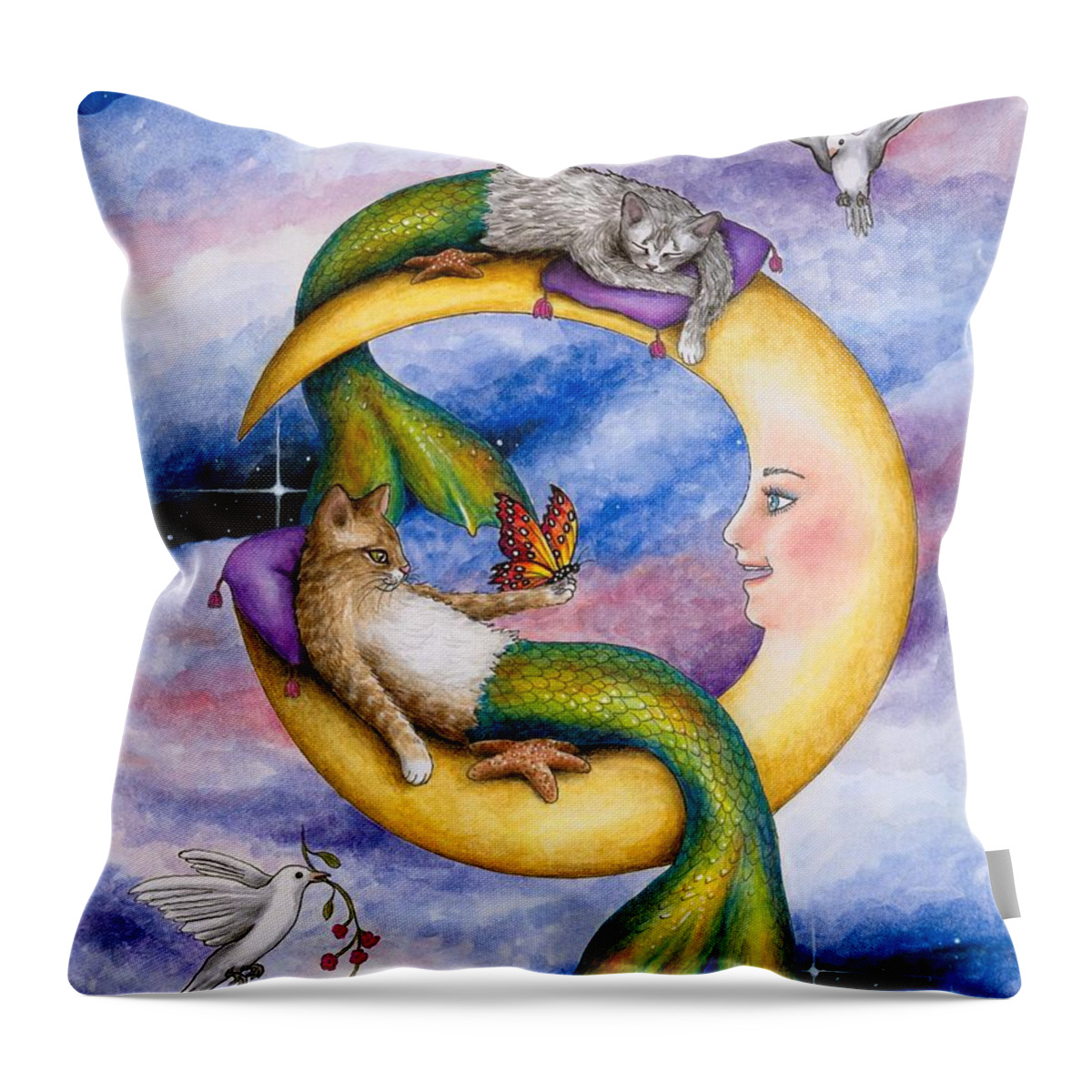 Cat Throw Pillow featuring the painting Cat Mermaid 29 by Lucie Dumas