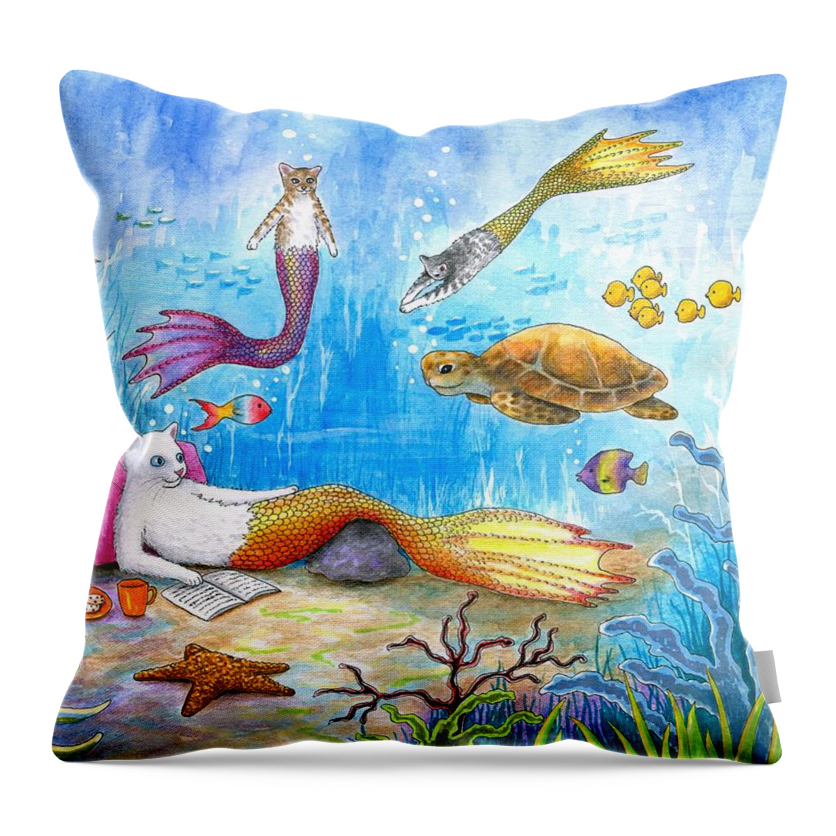 Cat Throw Pillow featuring the painting Cat Mermaid 31 by Lucie Dumas