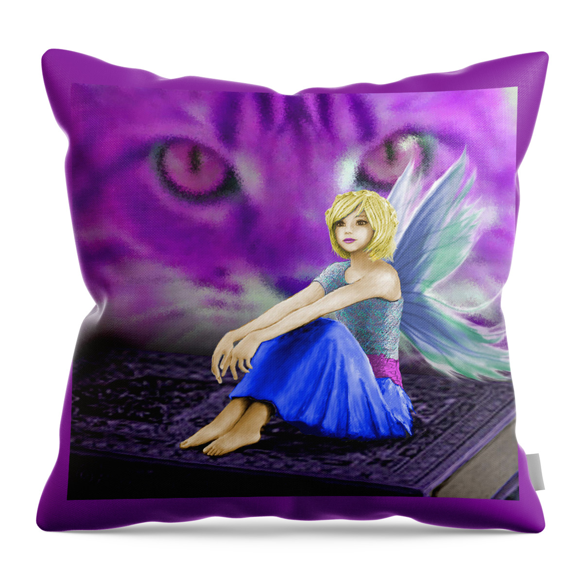 Cat Throw Pillow featuring the digital art Cat Observes Fairy by Yuichi Tanabe