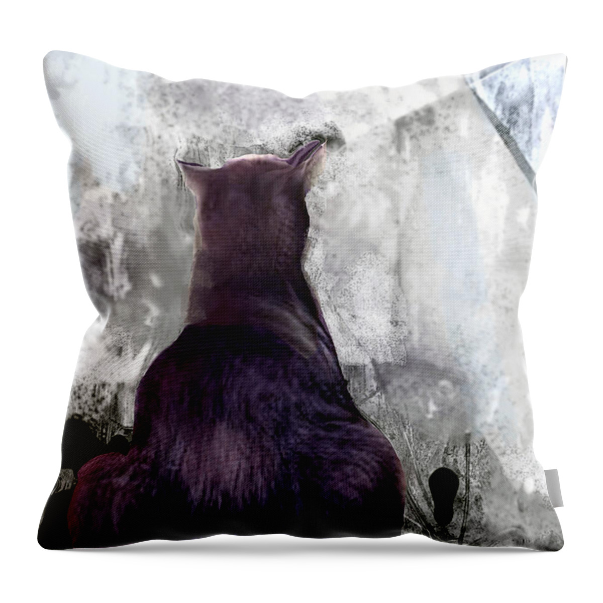 Cat Throw Pillow featuring the mixed media Cat's Blue Moon by Zsanan Studio