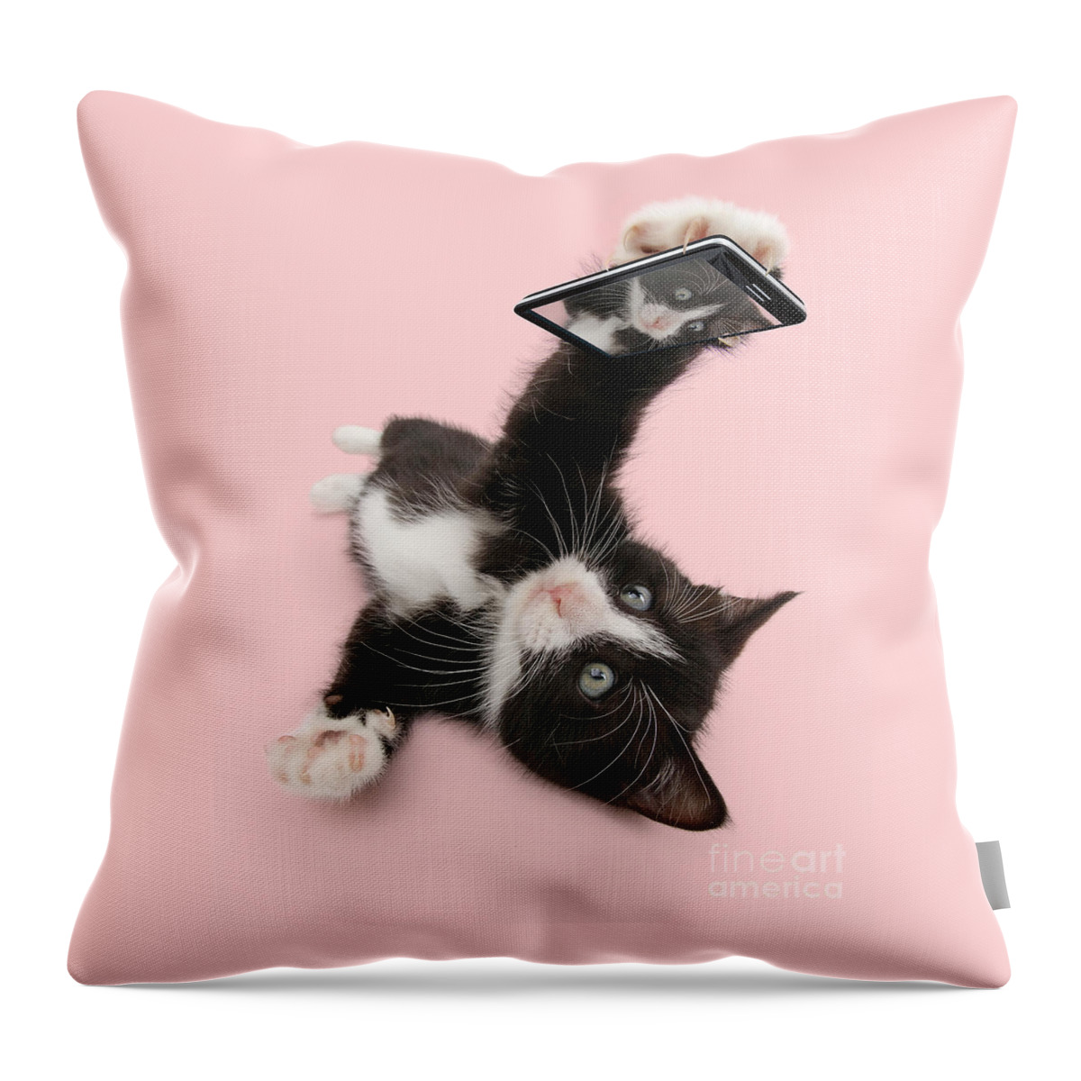 Black And White Throw Pillow featuring the photograph Cat Selfie by Warren Photographic